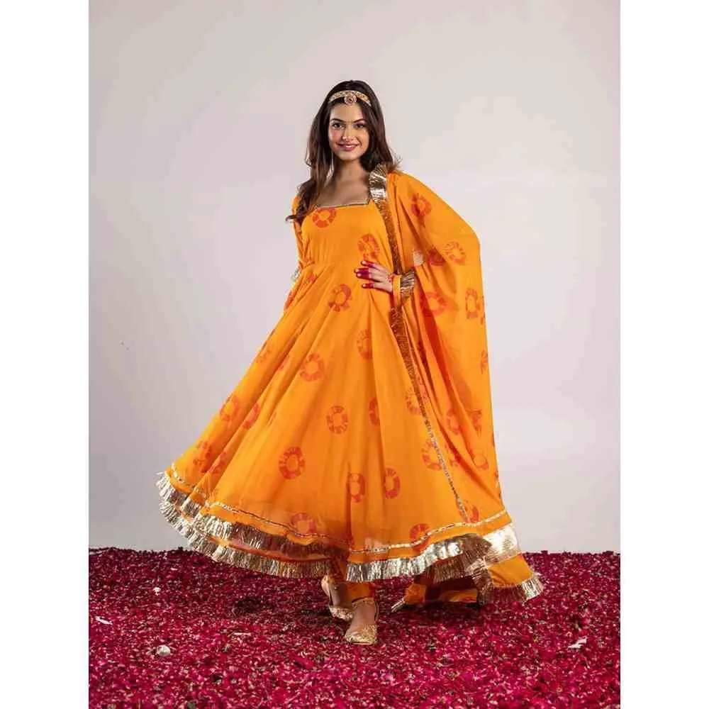 PEHNO'SA Sethani Bandhani Printed Anarkali Yellow (Set of 3)