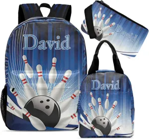 Personalized Bowling Sport Stripe Student Backpacks Set with Name Large Unique 1Lunch Handbag  1Pencil Case  1Schoolbag