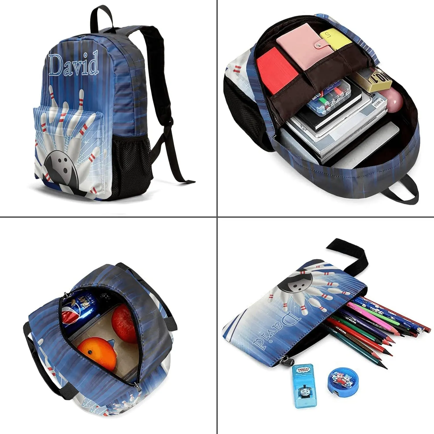 Personalized Bowling Sport Stripe Student Backpacks Set with Name Large Unique 1Lunch Handbag  1Pencil Case  1Schoolbag