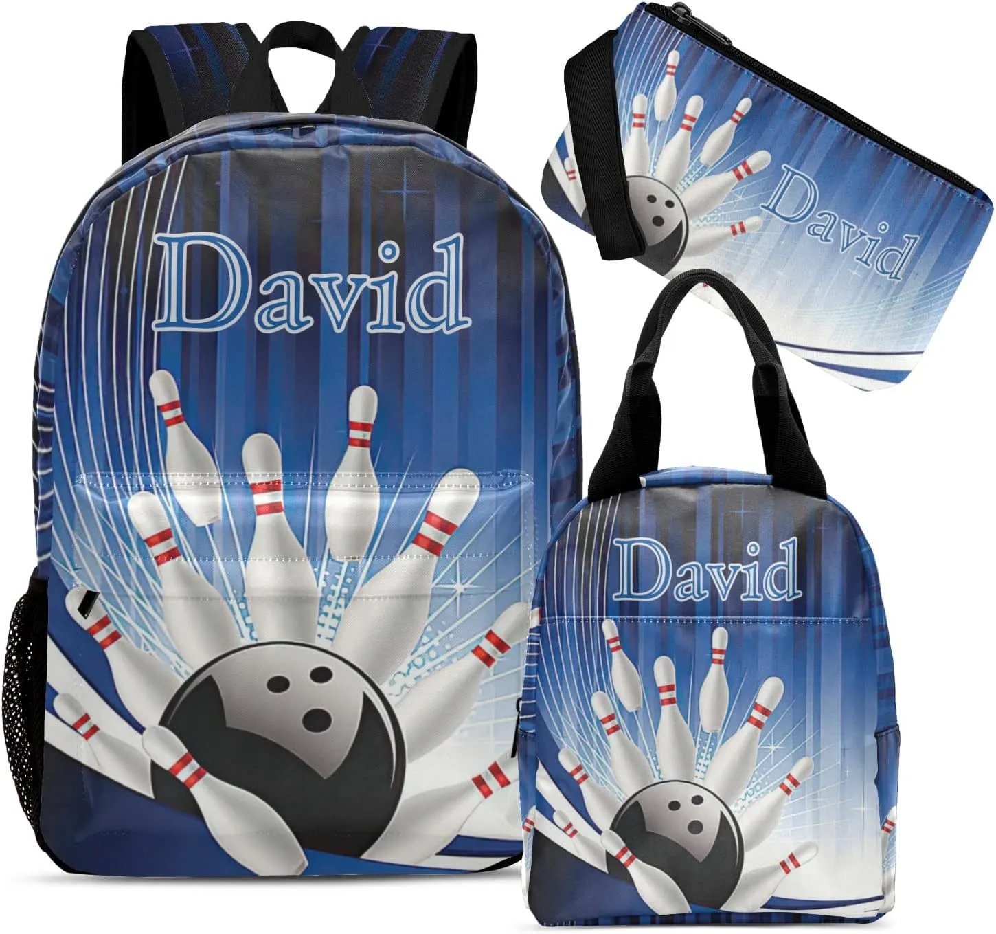 Personalized Bowling Sport Stripe Student Backpacks Set with Name Large Unique 1Lunch Handbag  1Pencil Case  1Schoolbag