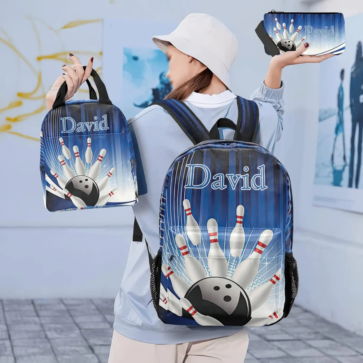 Personalized Bowling Sport Stripe Student Backpacks Set with Name Large Unique 1Lunch Handbag  1Pencil Case  1Schoolbag