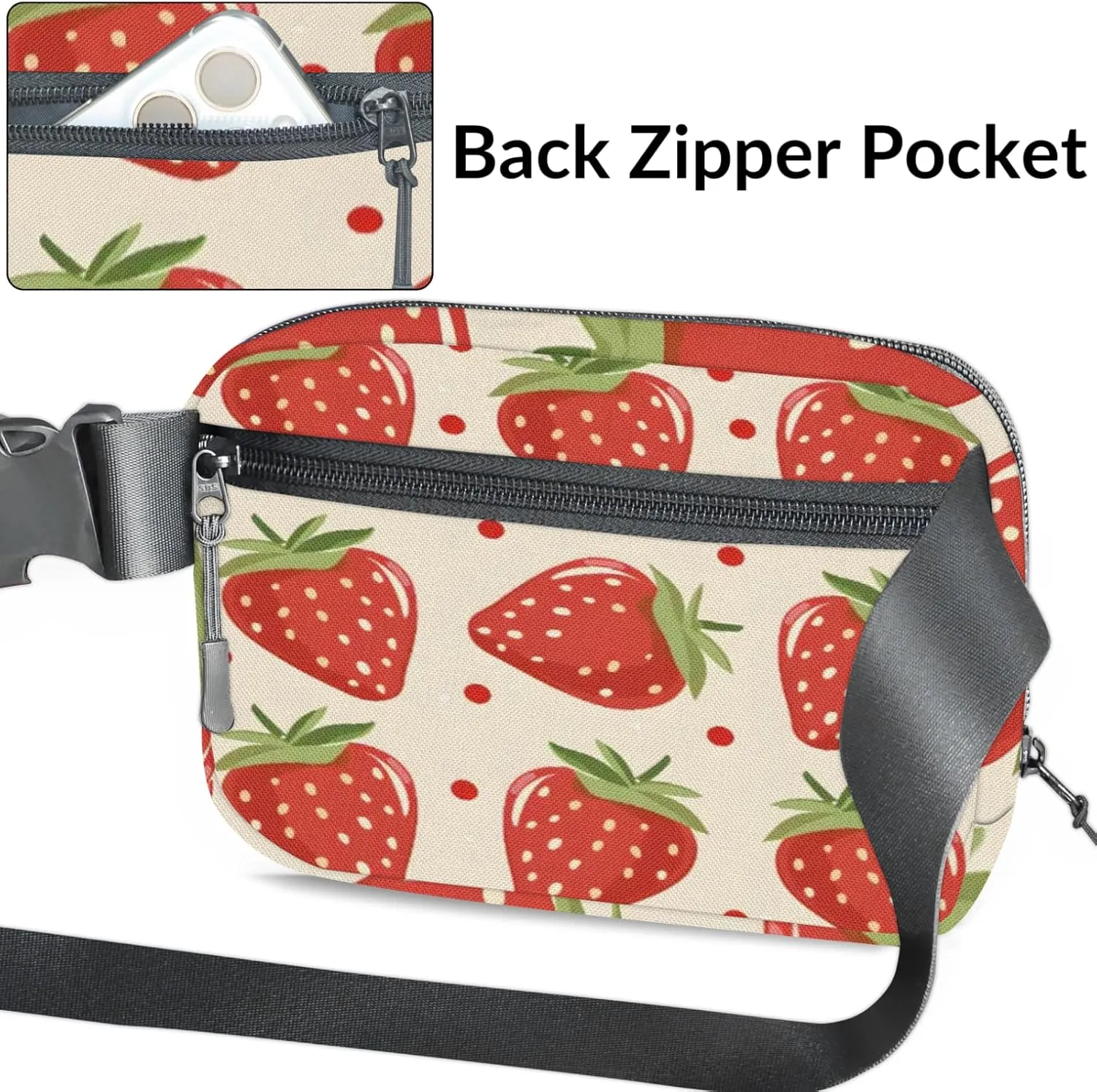 Personalized Cute Strawberry Fanny Pack Unisex Belt Bag Modern Cartoon Custom Name Crossbody Waist Bag with Adjustable Strap for Running Traveling Sports