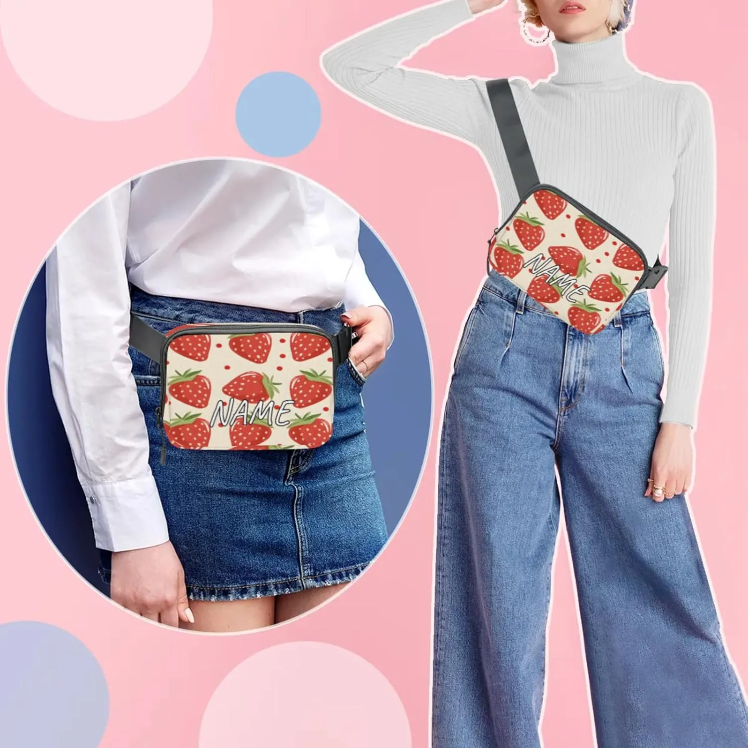 Personalized Cute Strawberry Fanny Pack Unisex Belt Bag Modern Cartoon Custom Name Crossbody Waist Bag with Adjustable Strap for Running Traveling Sports