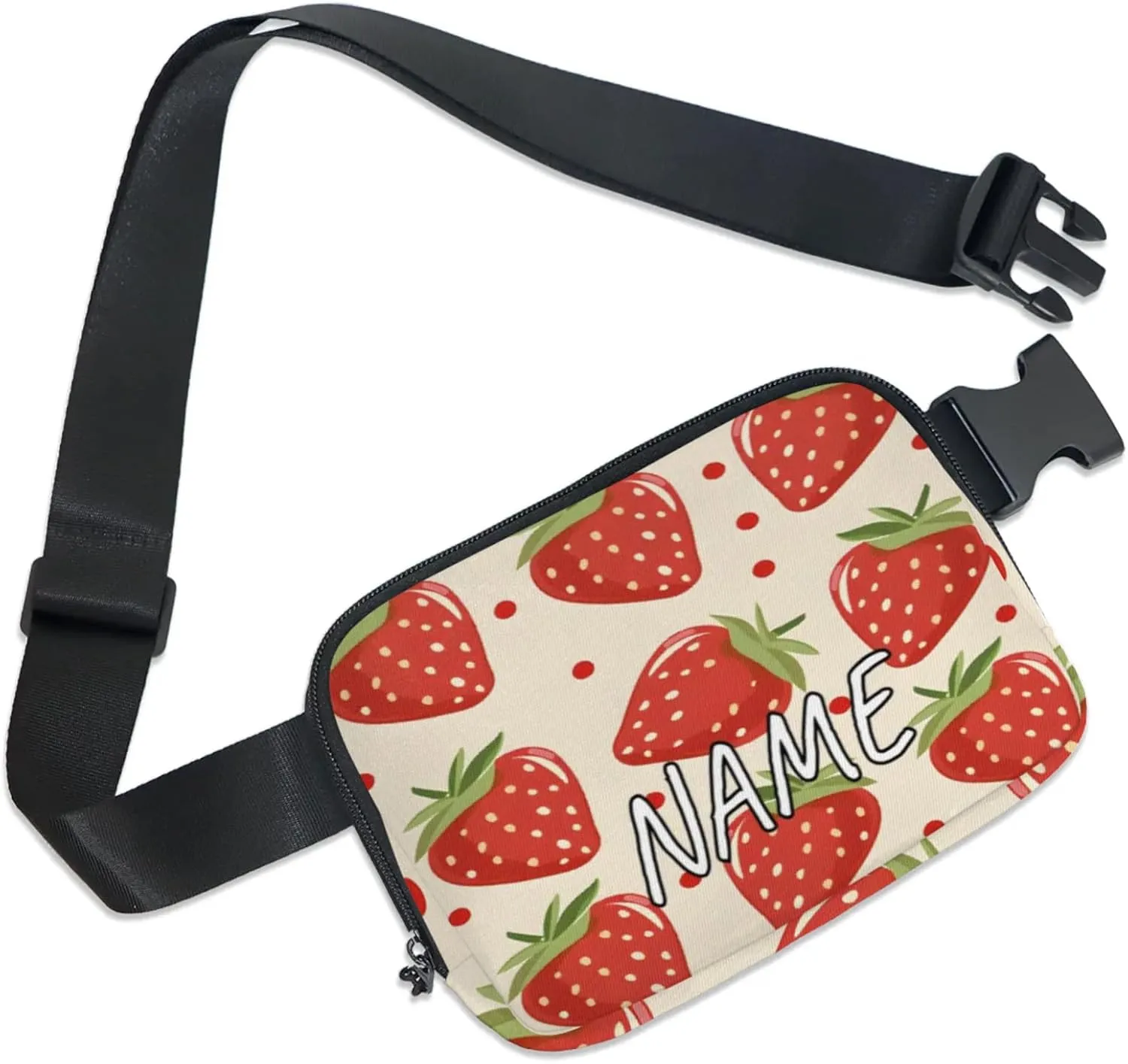 Personalized Cute Strawberry Fanny Pack Unisex Belt Bag Modern Cartoon Custom Name Crossbody Waist Bag with Adjustable Strap for Running Traveling Sports