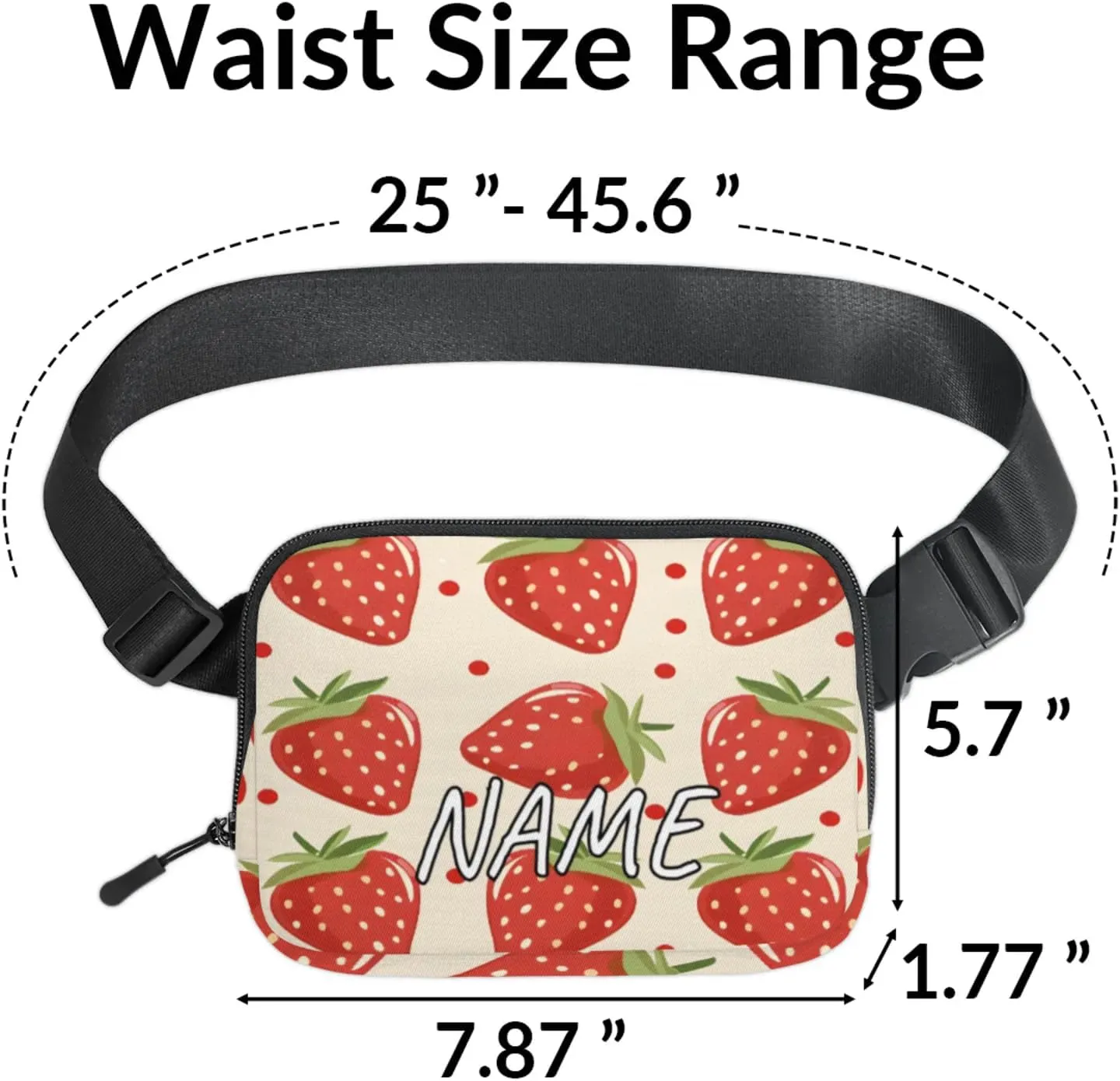 Personalized Cute Strawberry Fanny Pack Unisex Belt Bag Modern Cartoon Custom Name Crossbody Waist Bag with Adjustable Strap for Running Traveling Sports