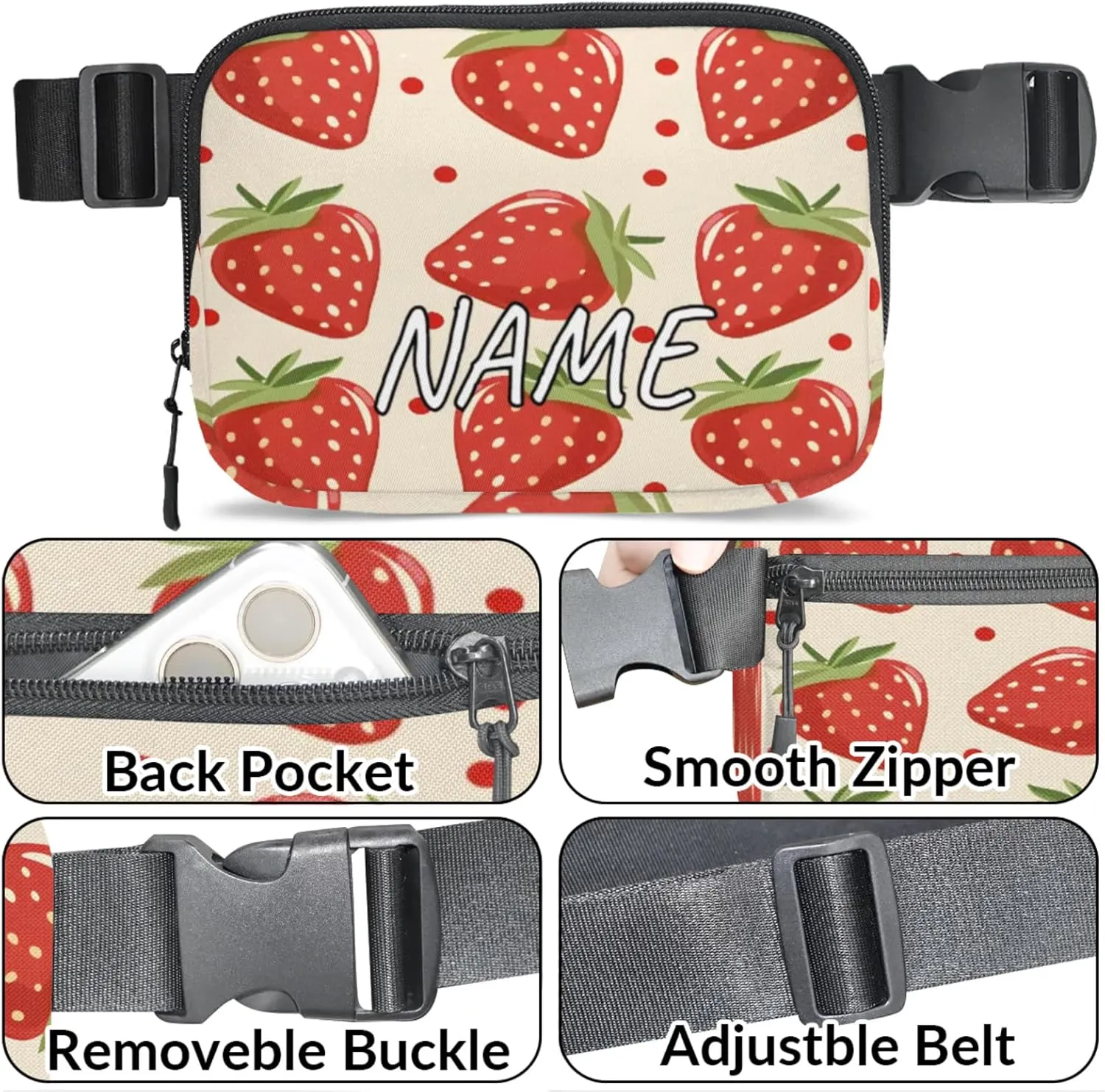 Personalized Cute Strawberry Fanny Pack Unisex Belt Bag Modern Cartoon Custom Name Crossbody Waist Bag with Adjustable Strap for Running Traveling Sports