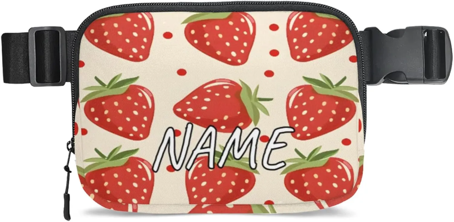 Personalized Cute Strawberry Fanny Pack Unisex Belt Bag Modern Cartoon Custom Name Crossbody Waist Bag with Adjustable Strap for Running Traveling Sports