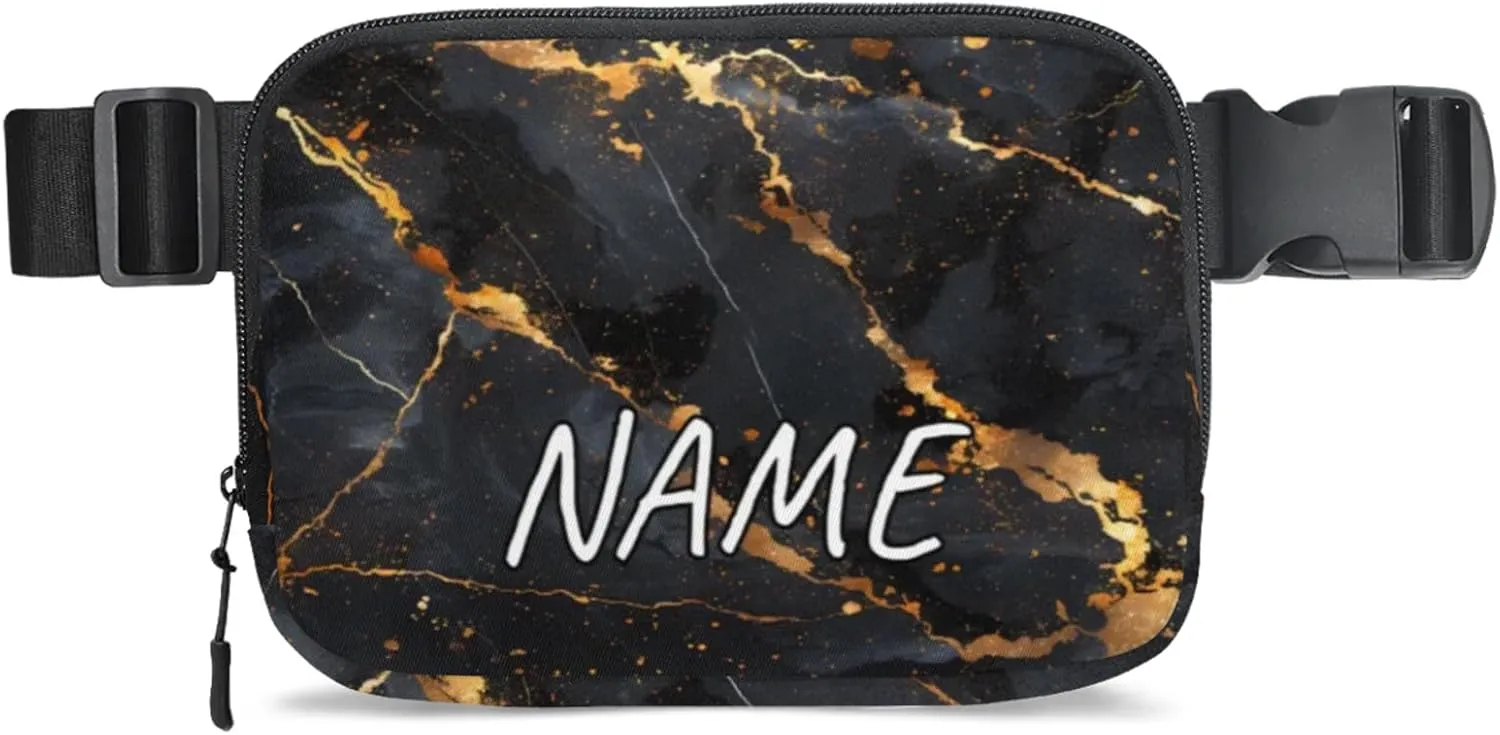 Personalized Gold Black Marble Fanny Pack Unisex Belt Bag Modern Abstract Custom Name Crossbody Waist Bag with Adjustable Strap for Running Traveling Sports