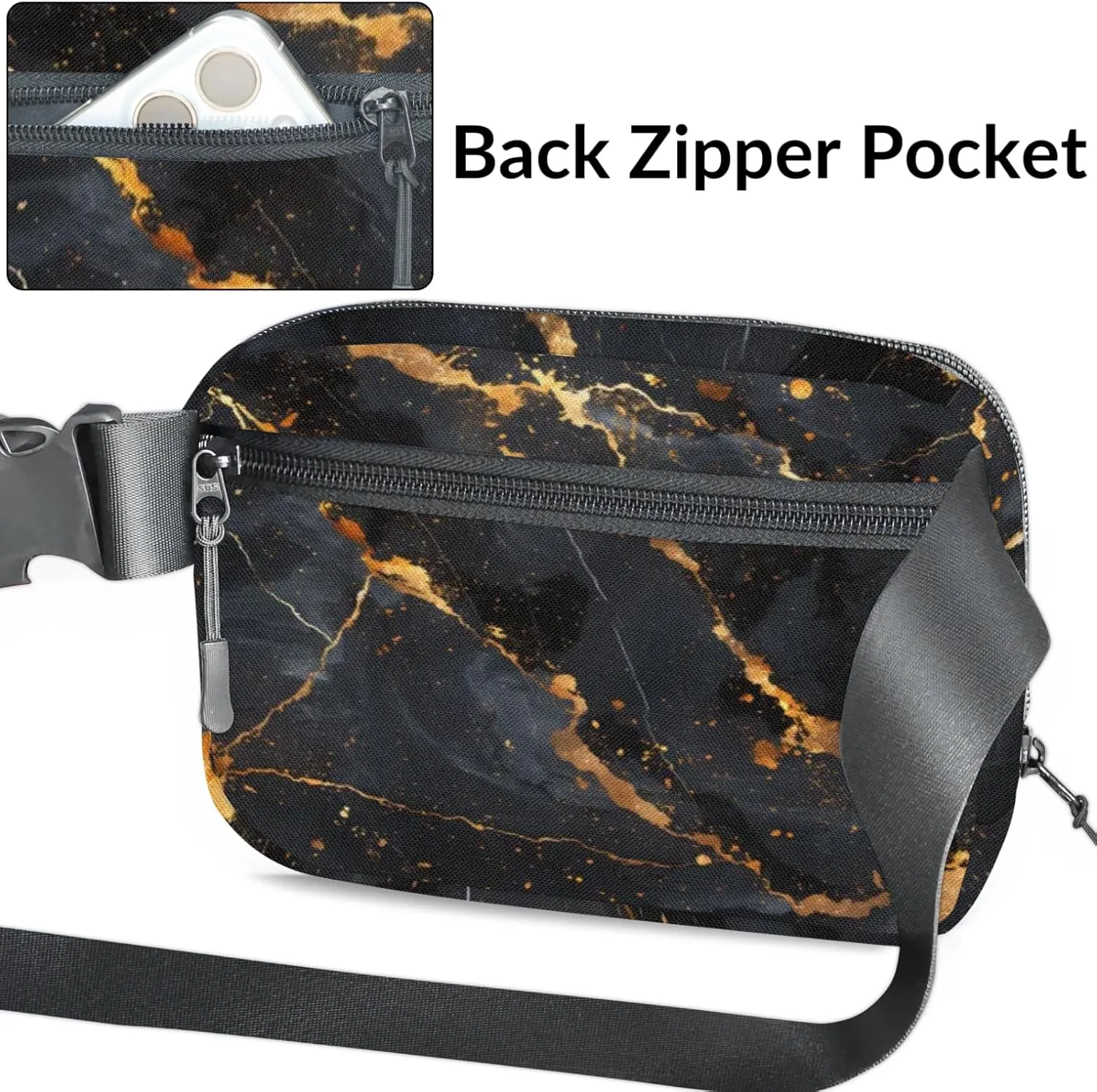 Personalized Gold Black Marble Fanny Pack Unisex Belt Bag Modern Abstract Custom Name Crossbody Waist Bag with Adjustable Strap for Running Traveling Sports