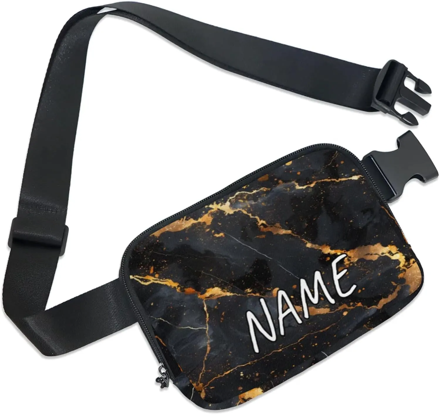 Personalized Gold Black Marble Fanny Pack Unisex Belt Bag Modern Abstract Custom Name Crossbody Waist Bag with Adjustable Strap for Running Traveling Sports