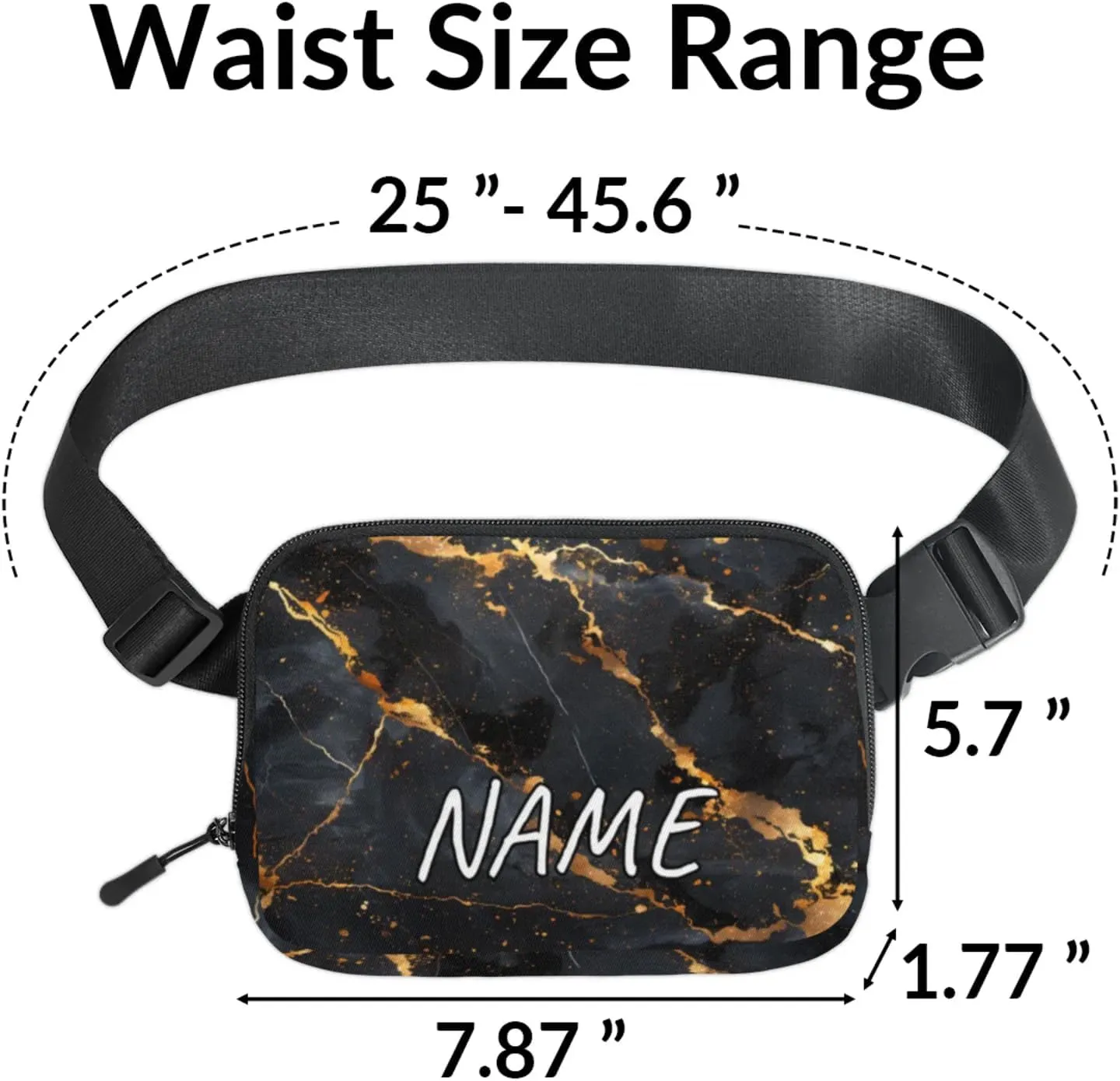 Personalized Gold Black Marble Fanny Pack Unisex Belt Bag Modern Abstract Custom Name Crossbody Waist Bag with Adjustable Strap for Running Traveling Sports