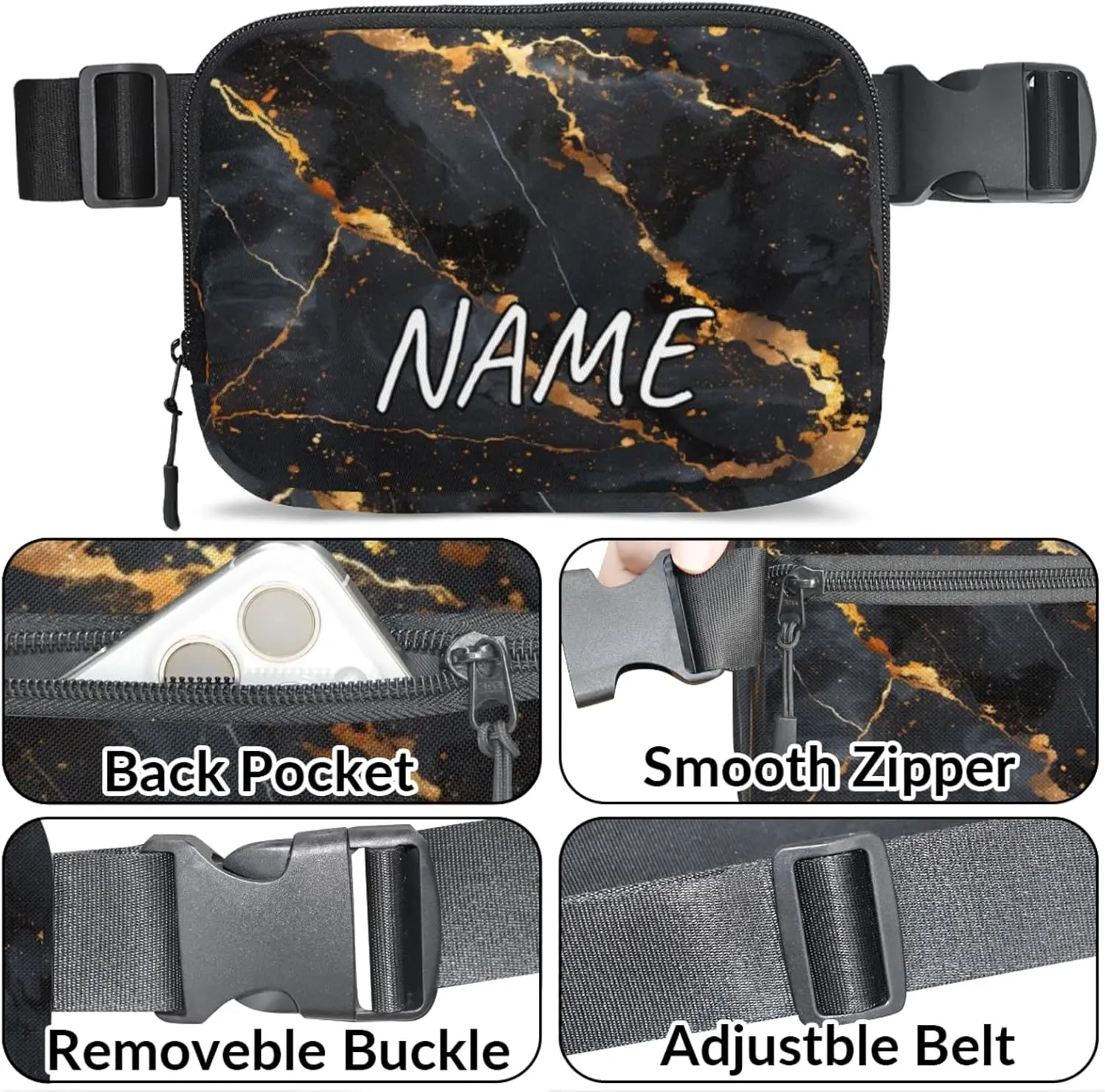 Personalized Gold Black Marble Fanny Pack Unisex Belt Bag Modern Abstract Custom Name Crossbody Waist Bag with Adjustable Strap for Running Traveling Sports