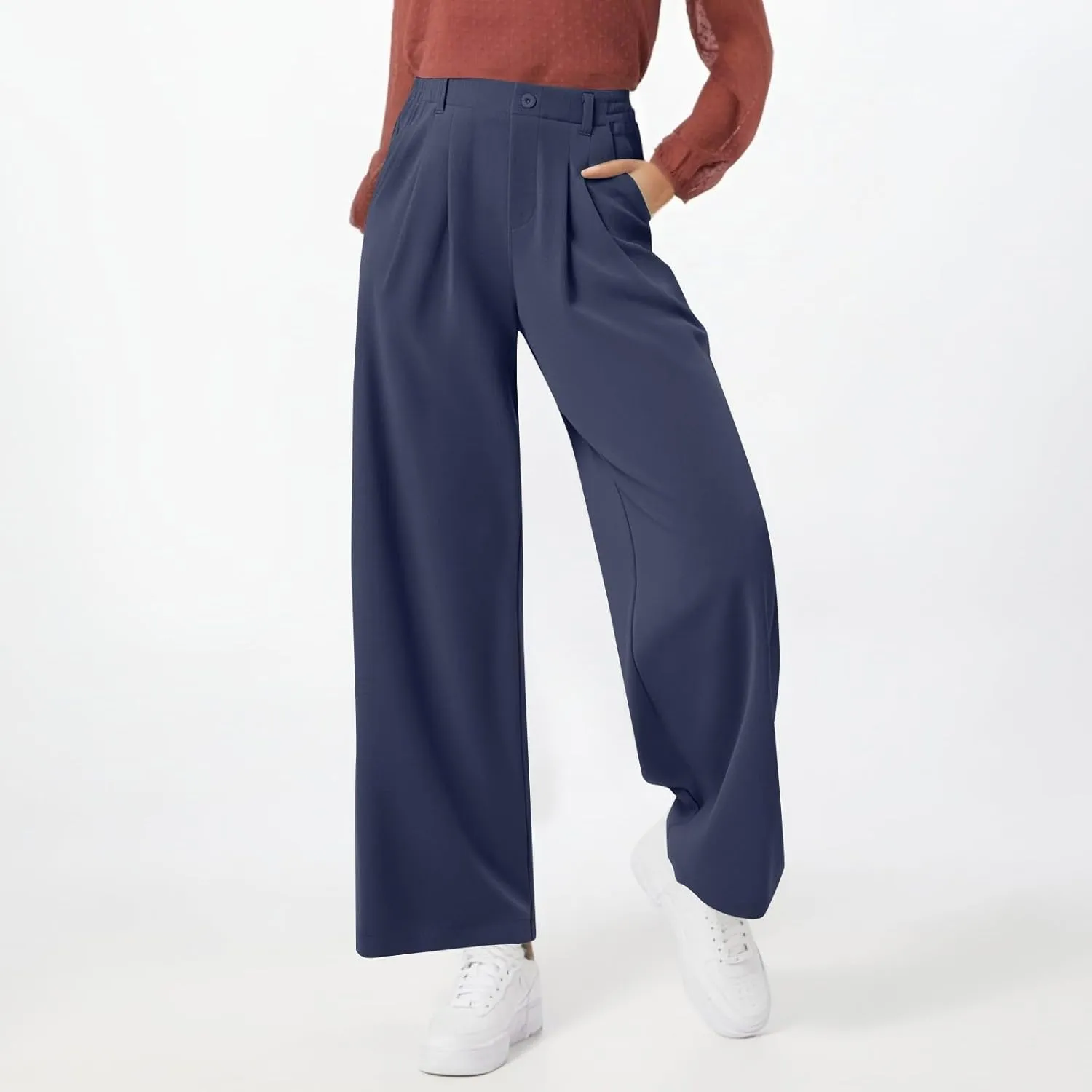 Petite Dress Pants for Women Wide Leg Palazzo Pants Business Casual Elastic High Waisted Work Pant with Pockets