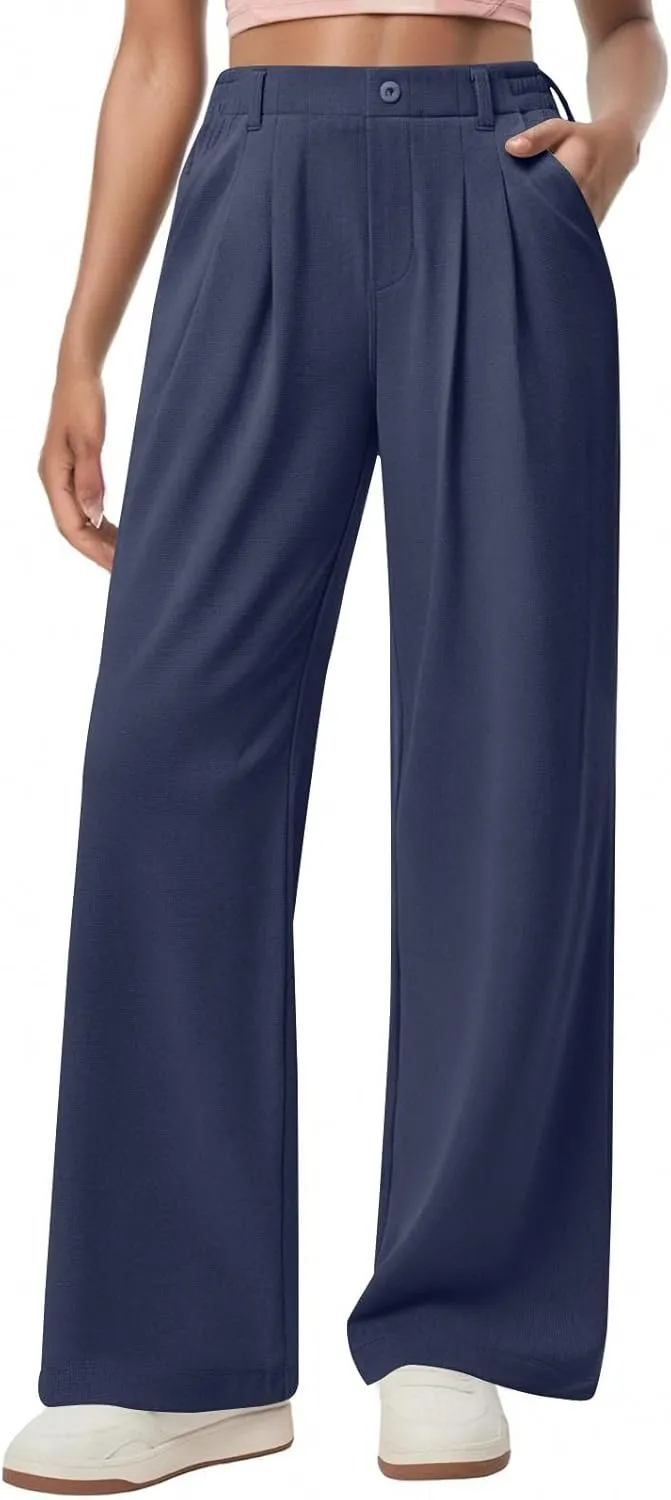 Petite Dress Pants for Women Wide Leg Palazzo Pants Business Casual Elastic High Waisted Work Pant with Pockets