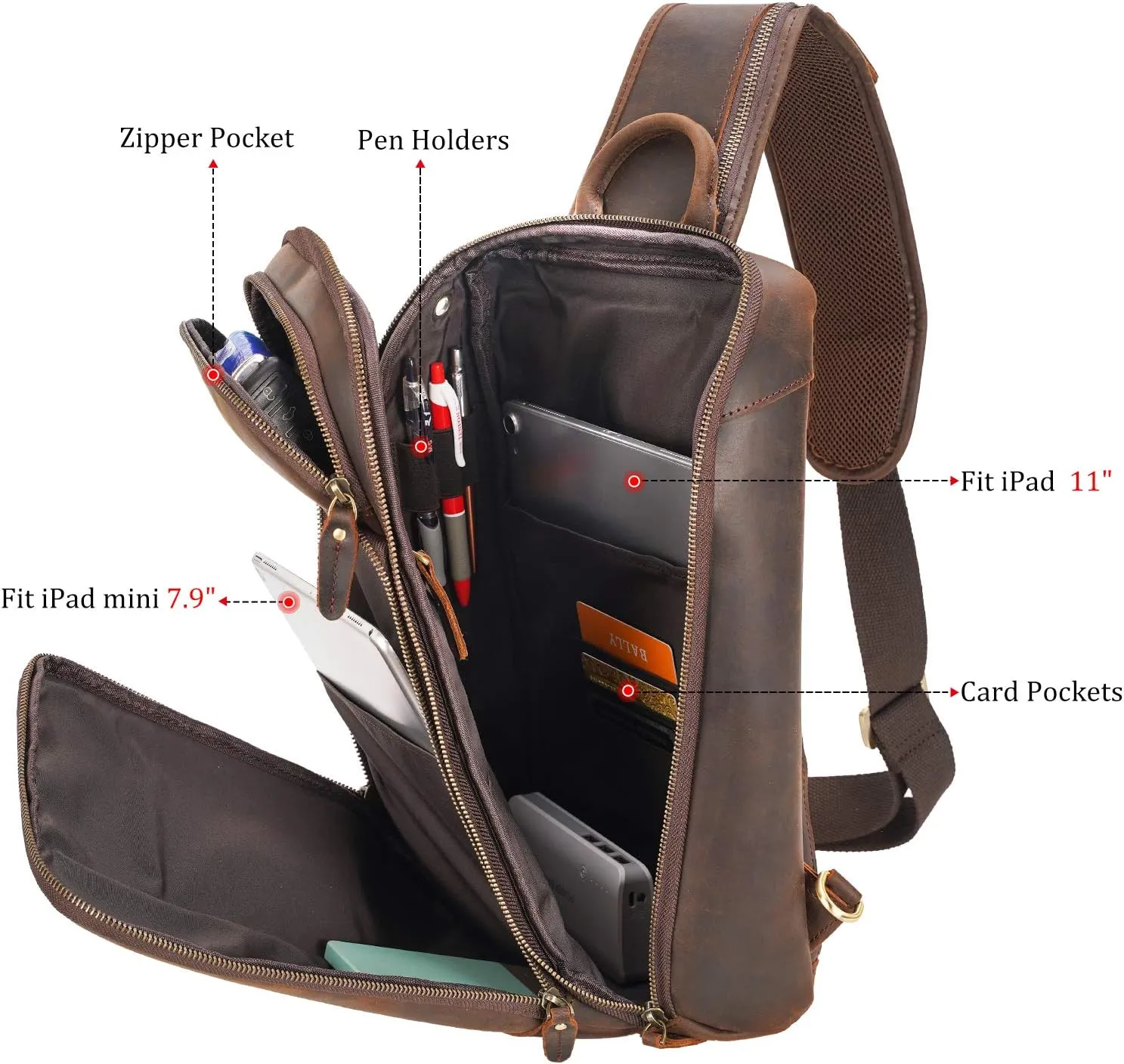 Polare Modern Style Sling Shoulder Bag Mens Travel/Hiking Daypack with Full Grain Italian Leather and YKK Zippers