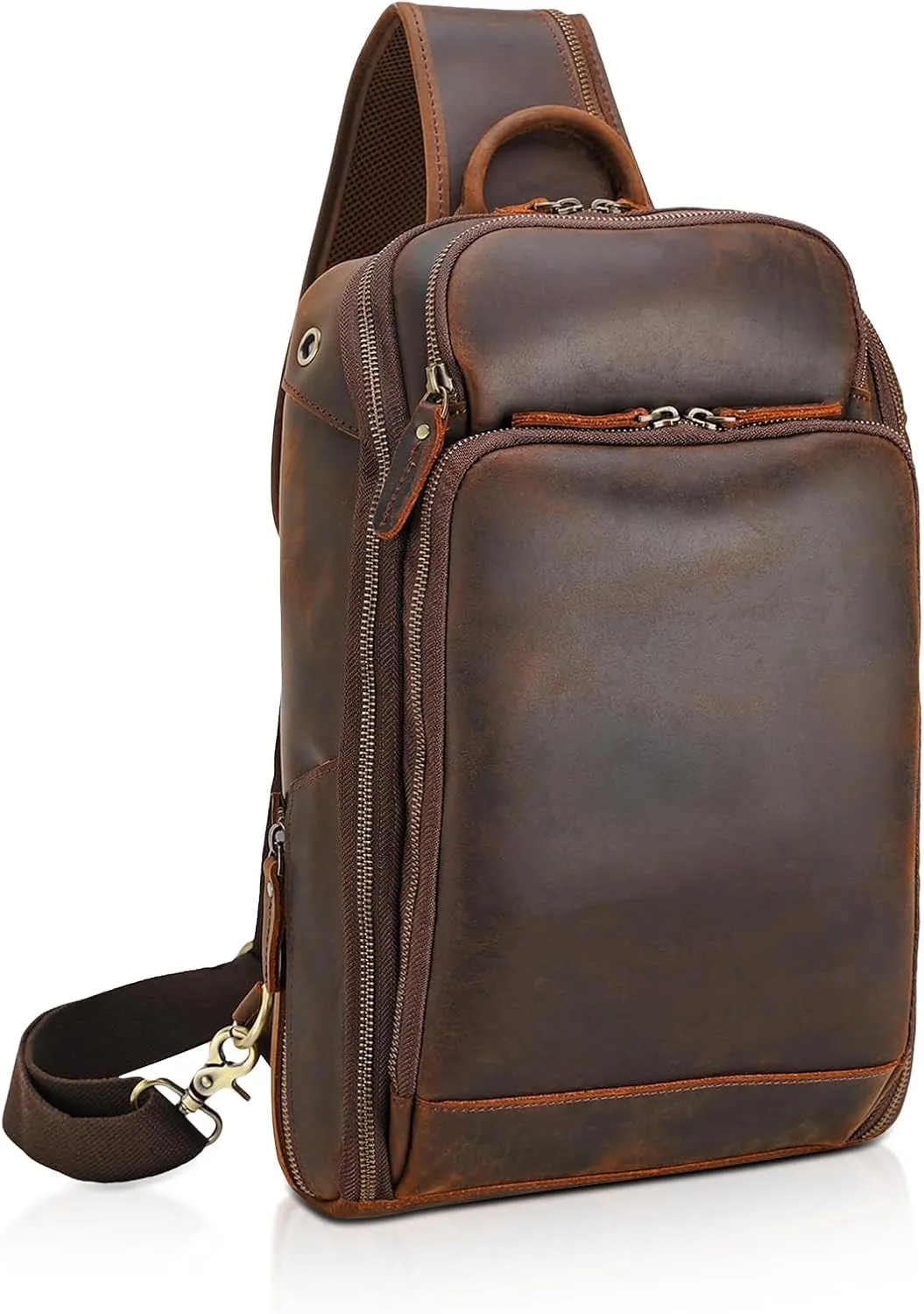 Polare Modern Style Sling Shoulder Bag Mens Travel/Hiking Daypack with Full Grain Italian Leather and YKK Zippers