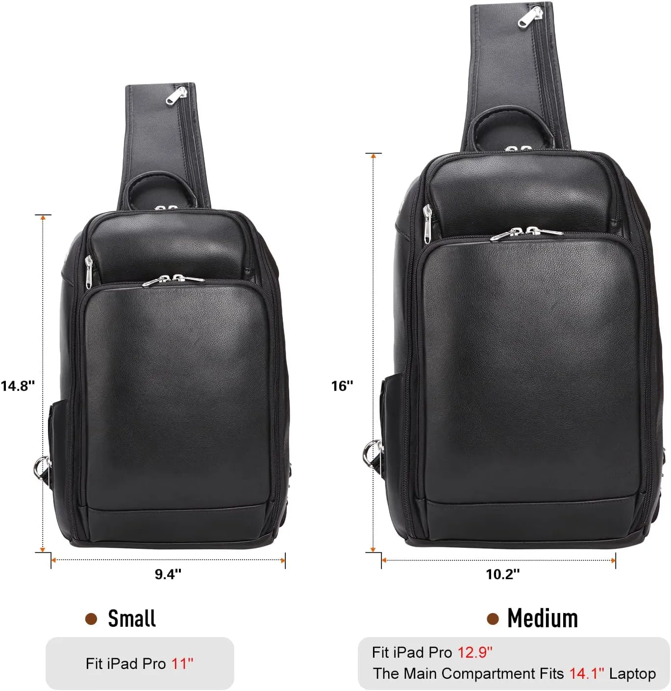 Polare Modern Style Sling Shoulder Bag Mens Travel/Hiking Daypack with Full Grain Italian Leather and YKK Zippers