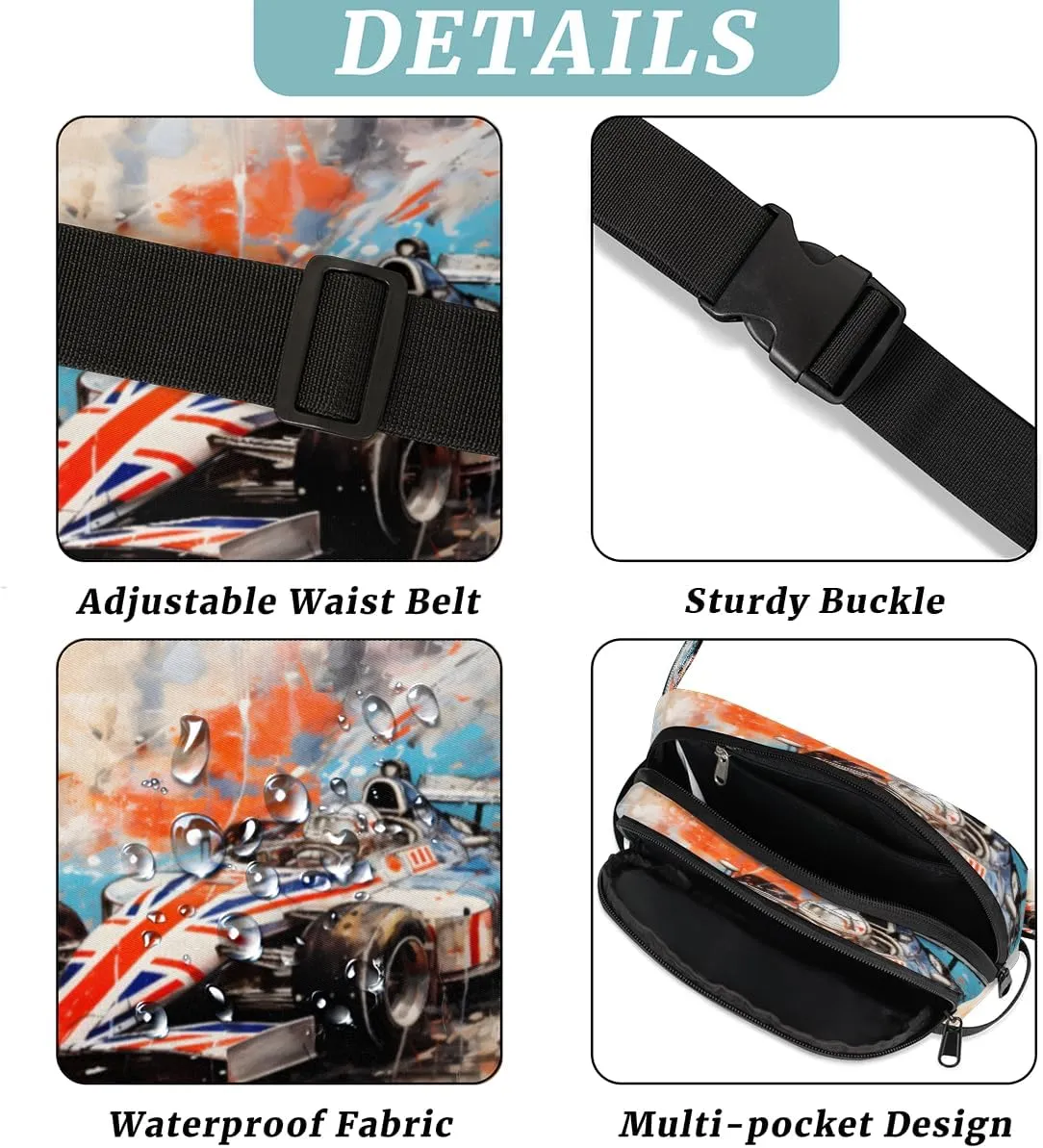 Race Car Modern Fanny Packs for Women Men, Waterproof Waist Bag with Adjustable Strap Belt Bag for Running Travel Hiking