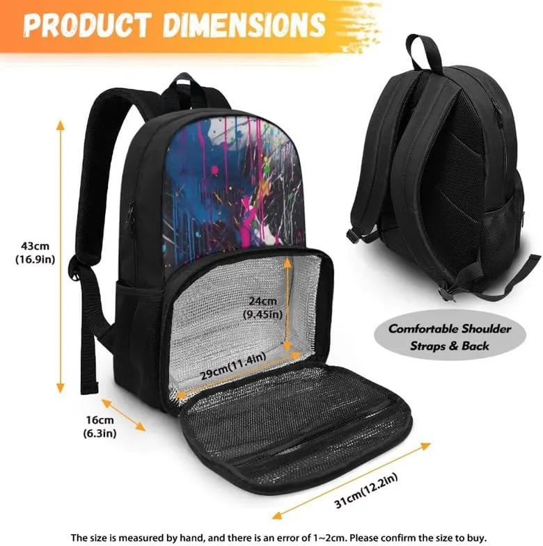 Rainbow Graffiti Splash Fade Cooler Backpack Double Deck Colorful Street Style Lunch Backpack for School Girls Backpack Set fit Hiking & Lunch