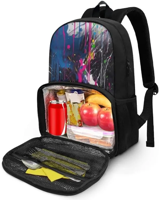 Rainbow Graffiti Splash Fade Cooler Backpack Double Deck Colorful Street Style Lunch Backpack for School Girls Backpack Set fit Hiking & Lunch