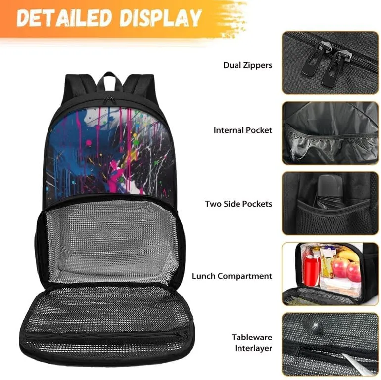 Rainbow Graffiti Splash Fade Cooler Backpack Double Deck Colorful Street Style Lunch Backpack for School Girls Backpack Set fit Hiking & Lunch
