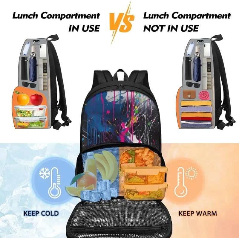 Rainbow Graffiti Splash Fade Cooler Backpack Double Deck Colorful Street Style Lunch Backpack for School Girls Backpack Set fit Hiking & Lunch
