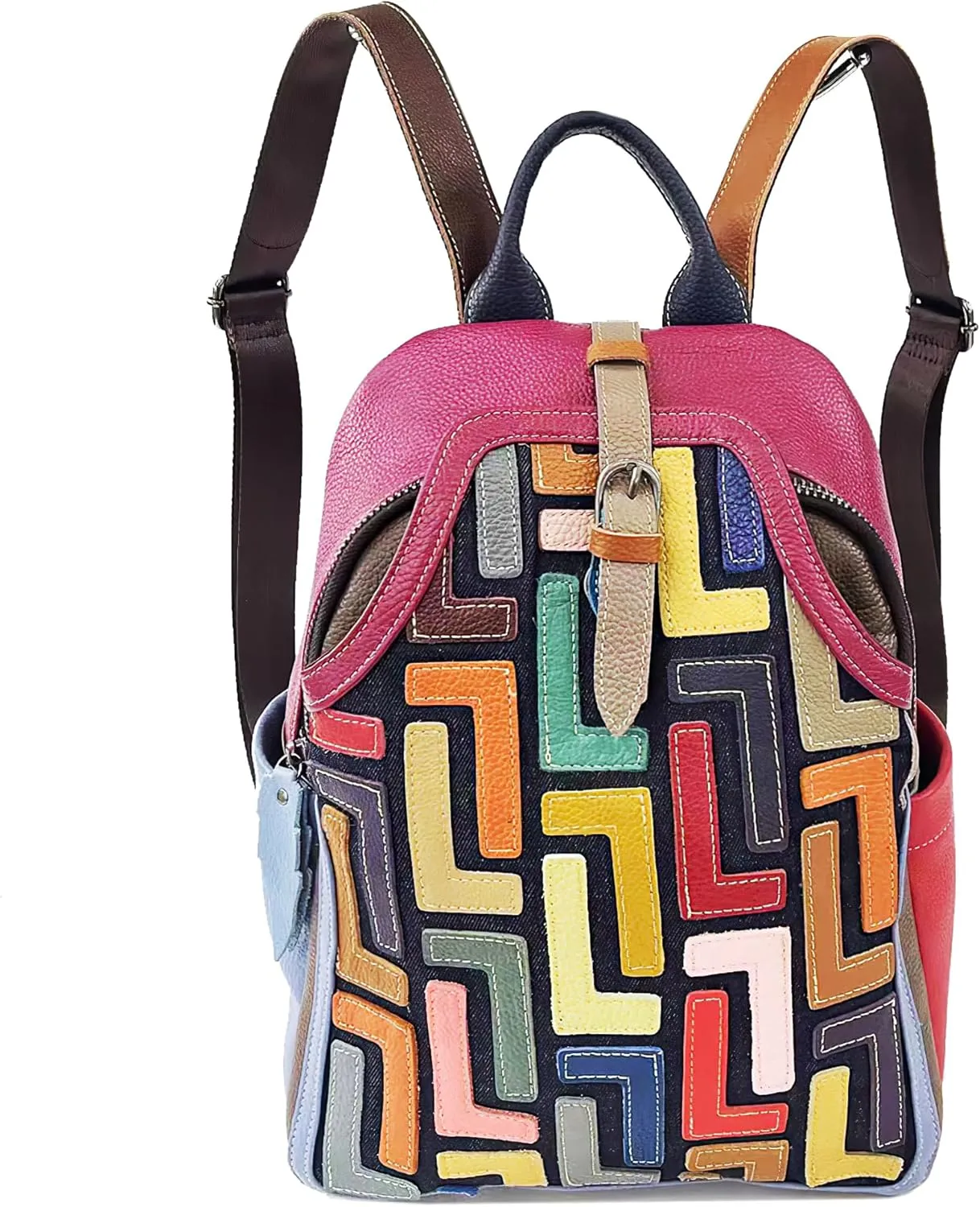Riutiru Handmade Cowhide Multi Color Block Random Splicing Unique Style Backpack, Daily work and Travel (5802 Rose Red)