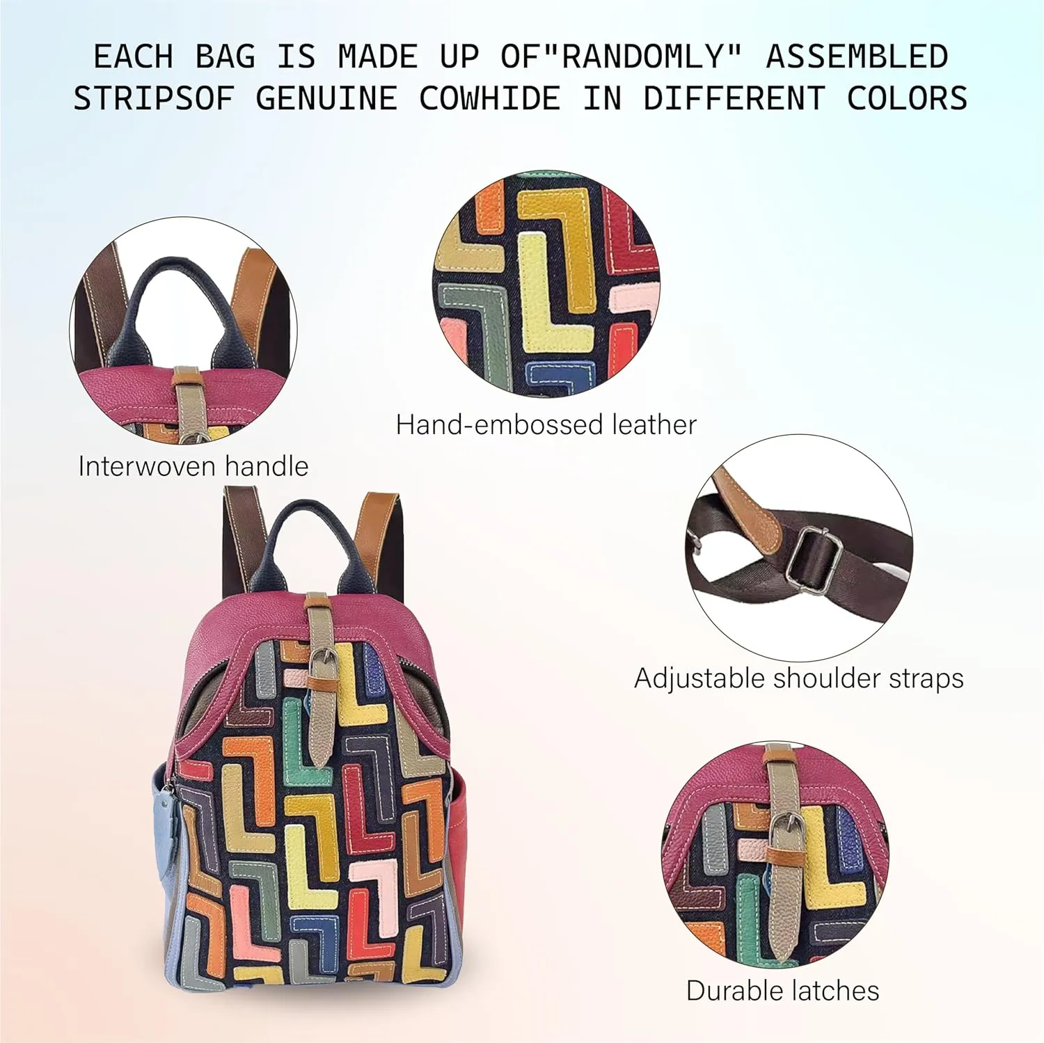 Riutiru Handmade Cowhide Multi Color Block Random Splicing Unique Style Backpack, Daily work and Travel (5802 Rose Red)