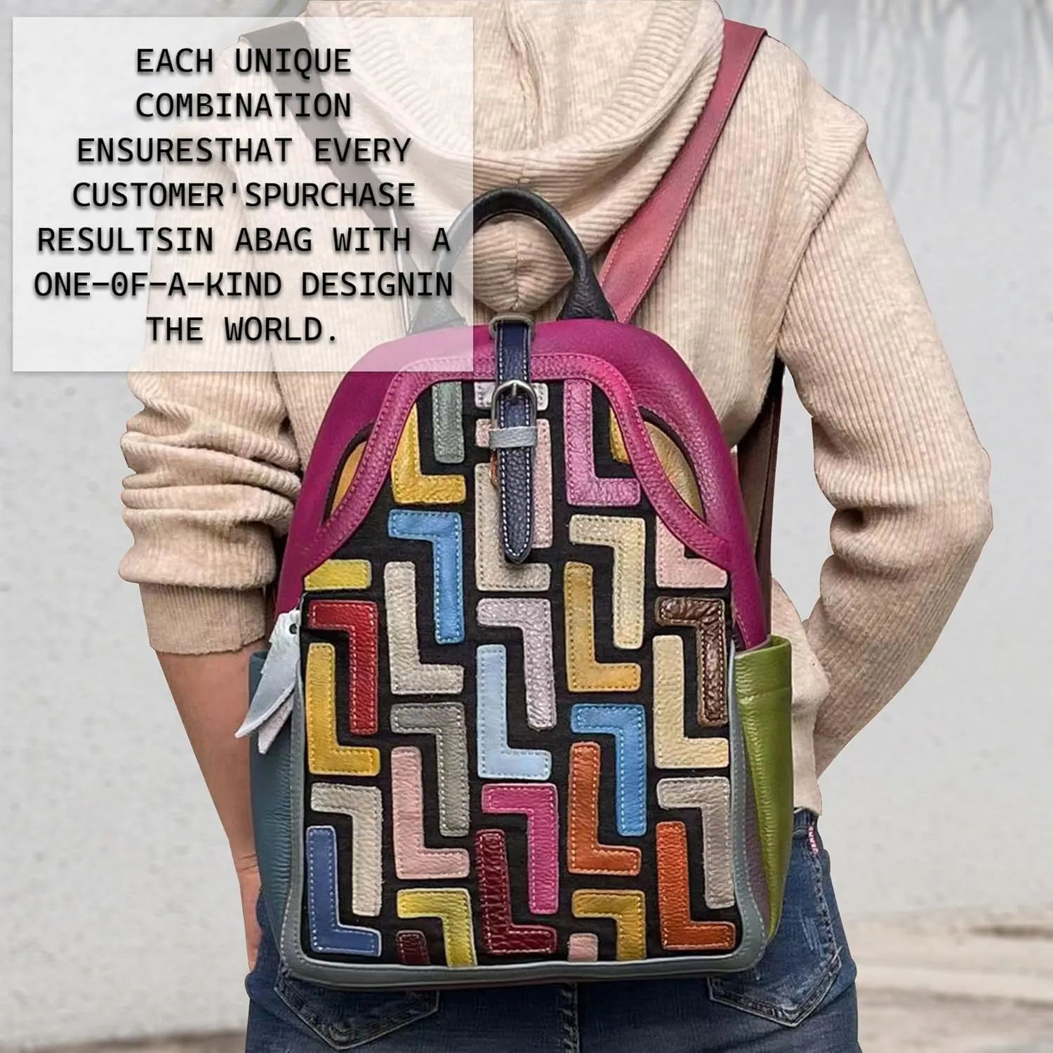 Riutiru Handmade Cowhide Multi Color Block Random Splicing Unique Style Backpack, Daily work and Travel (5802 Rose Red)