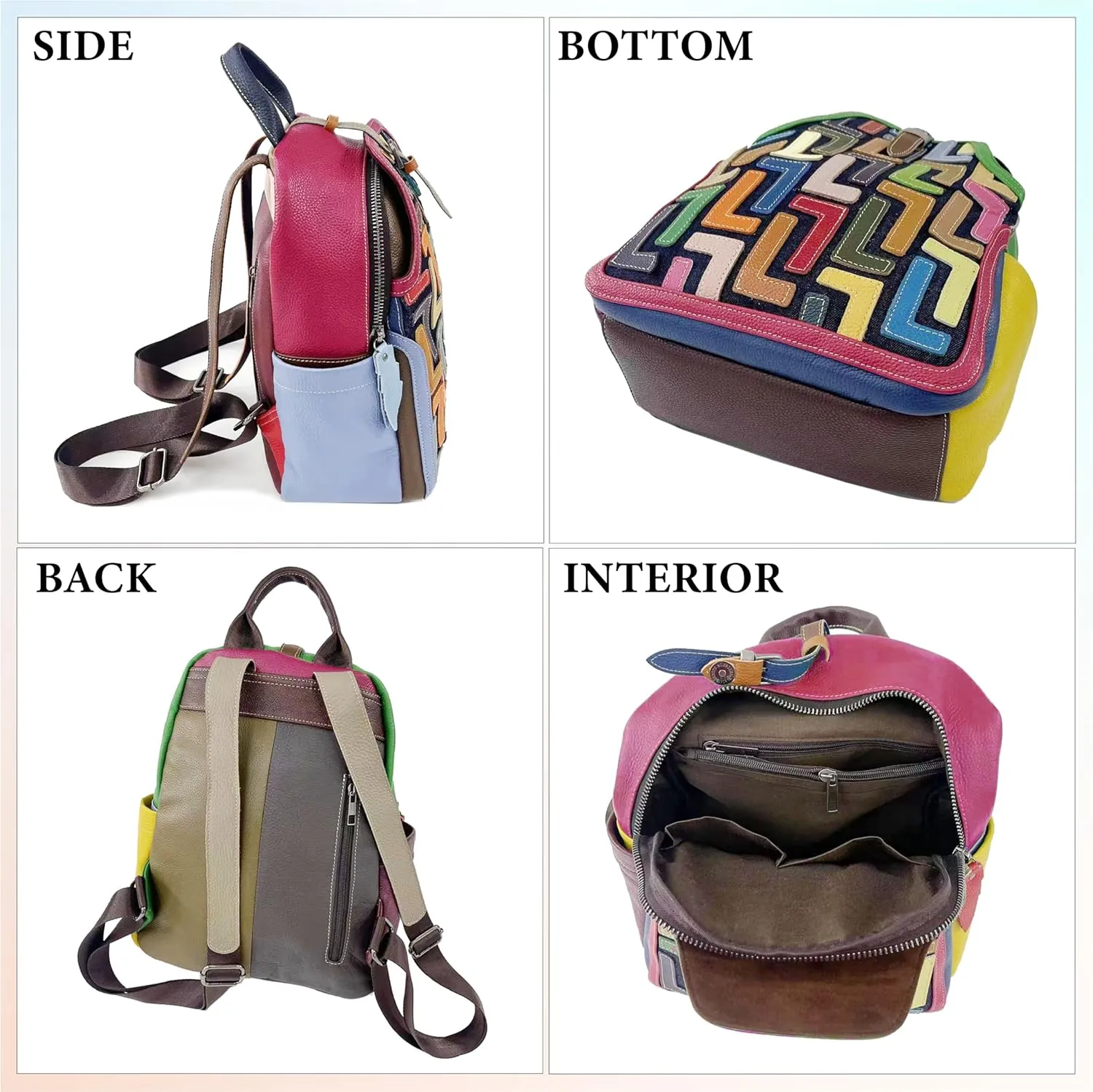 Riutiru Handmade Cowhide Multi Color Block Random Splicing Unique Style Backpack, Daily work and Travel (5802 Rose Red)