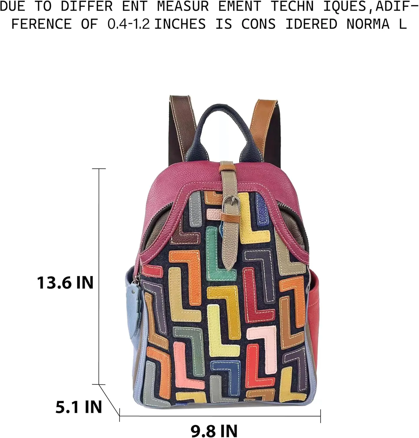 Riutiru Handmade Cowhide Multi Color Block Random Splicing Unique Style Backpack, Daily work and Travel (5802 Rose Red)