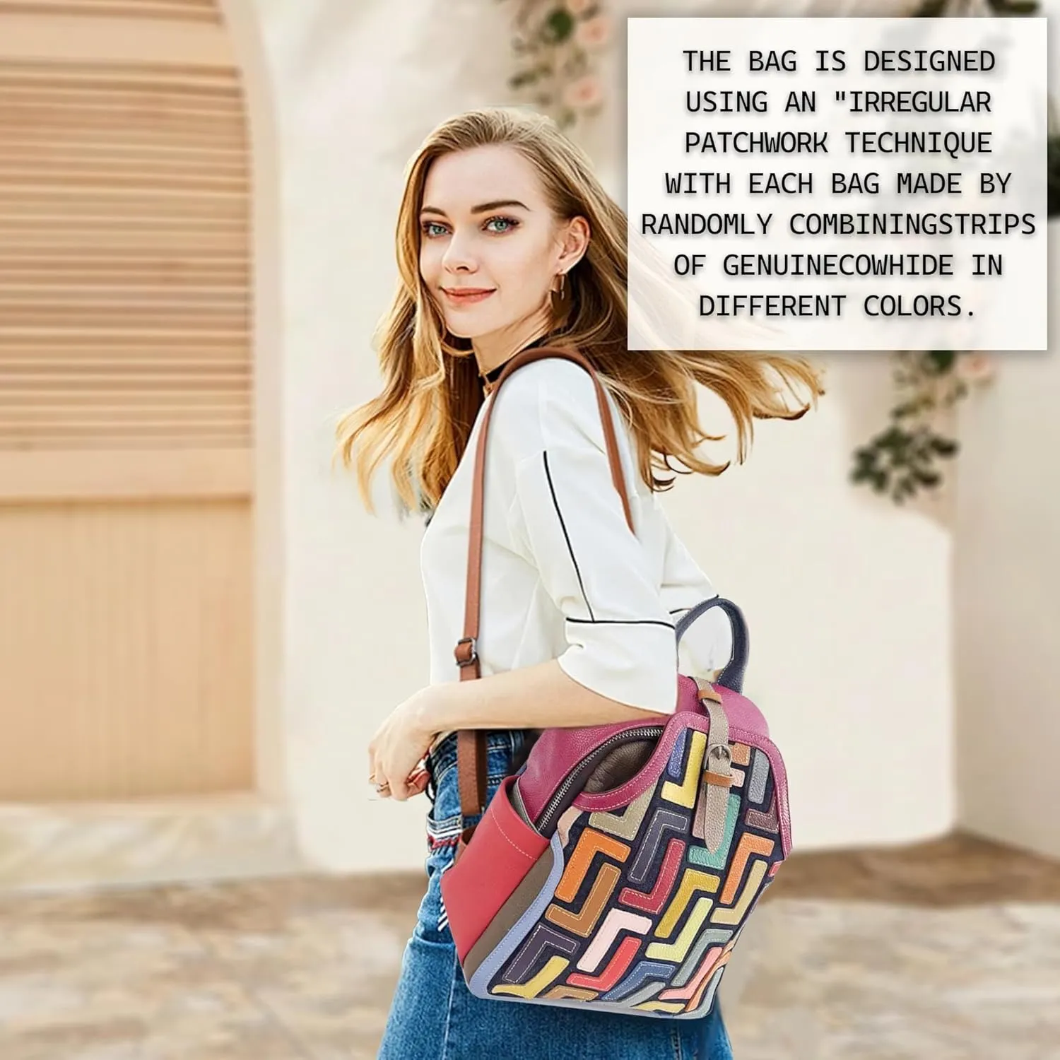 Riutiru Handmade Cowhide Multi Color Block Random Splicing Unique Style Backpack, Daily work and Travel (5802 Rose Red)