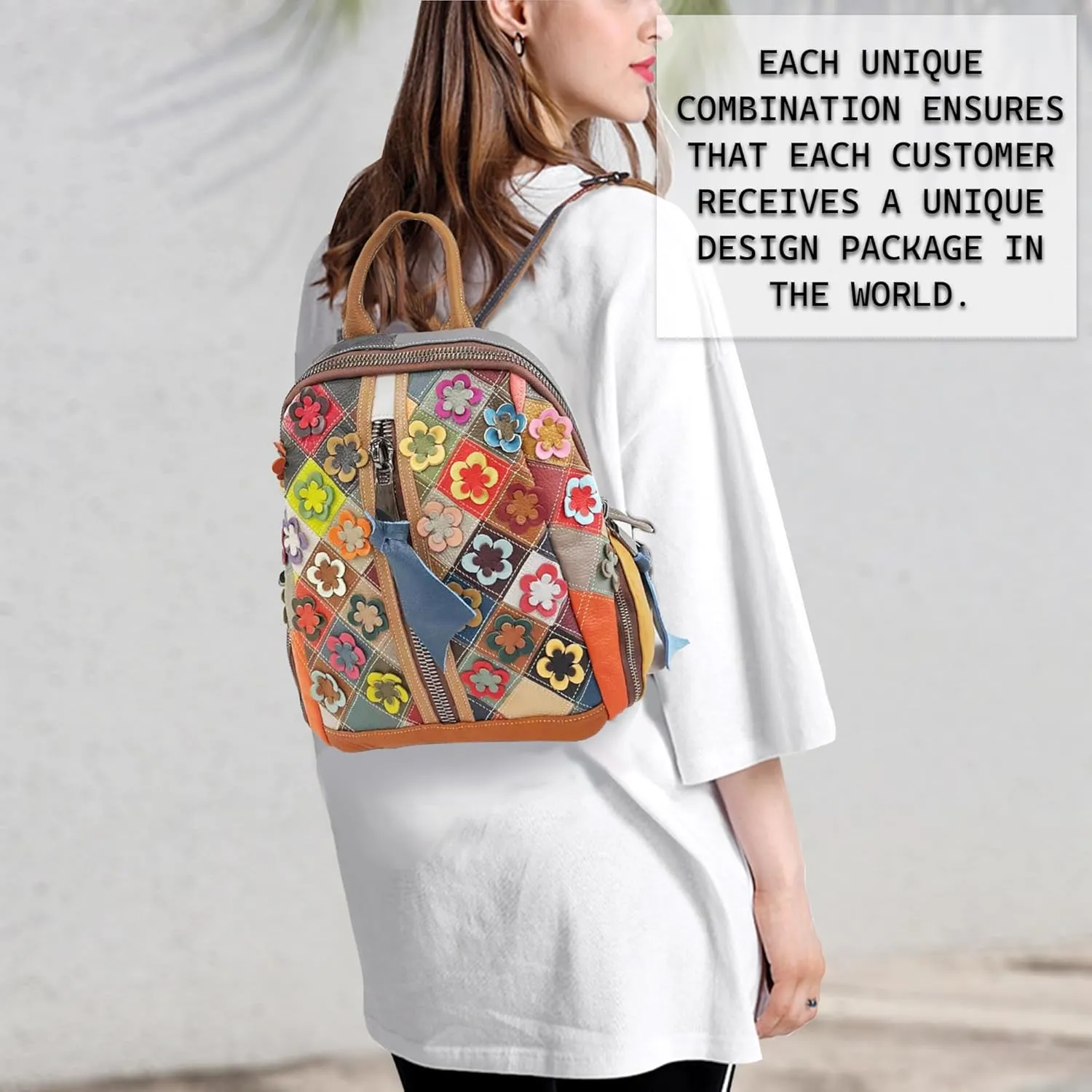 Riutiru Handmade Cowhide Multi Color Block Random Splicing Unique Style Backpack, Daily work and Travel (8869)