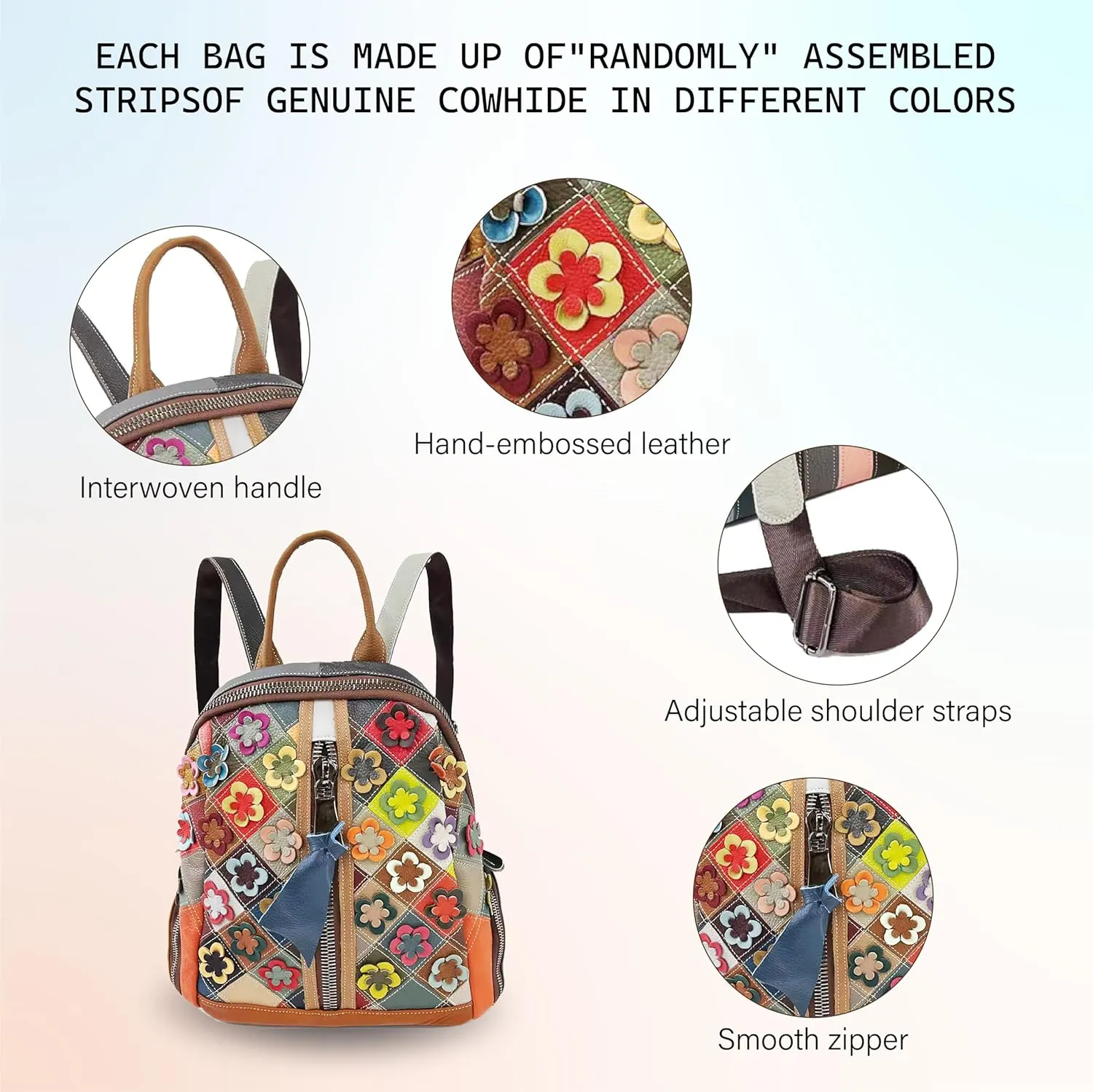Riutiru Handmade Cowhide Multi Color Block Random Splicing Unique Style Backpack, Daily work and Travel (8869)