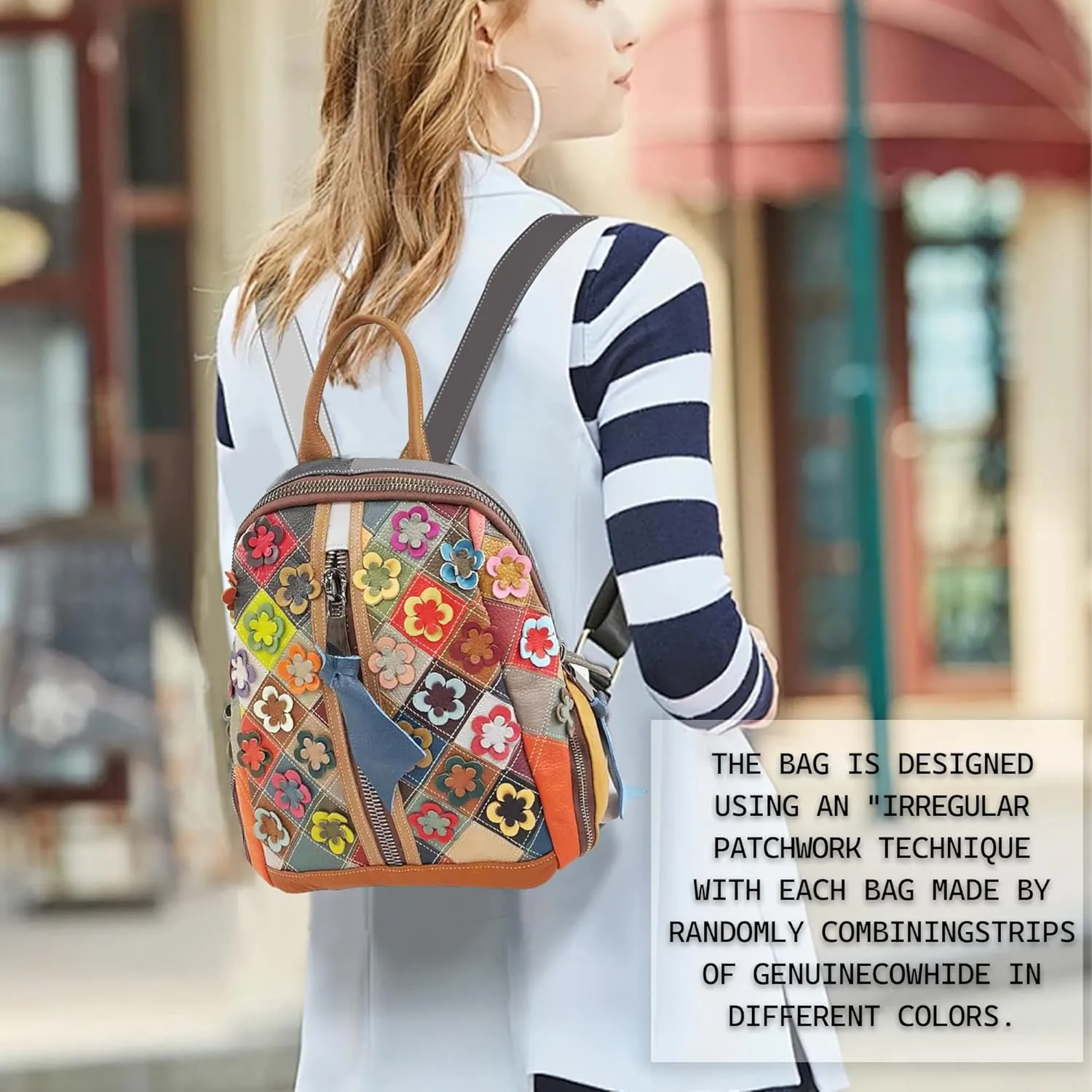 Riutiru Handmade Cowhide Multi Color Block Random Splicing Unique Style Backpack, Daily work and Travel (8869)