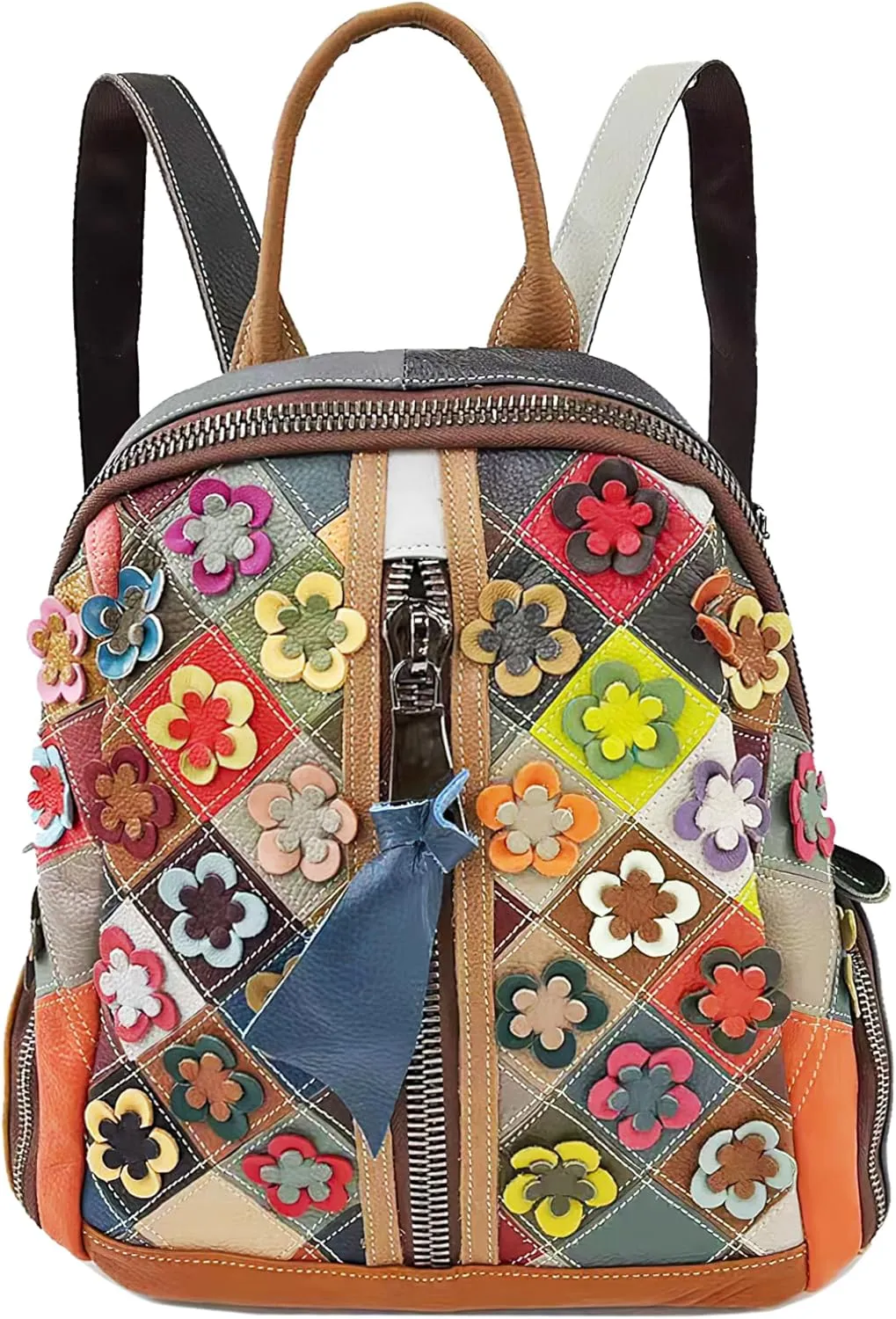Riutiru Handmade Cowhide Multi Color Block Random Splicing Unique Style Backpack, Daily work and Travel (8869)
