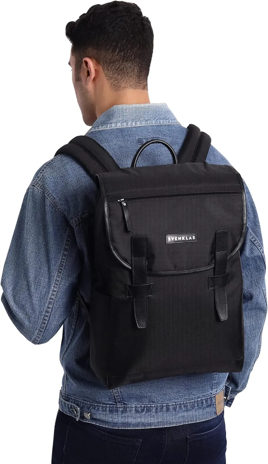 Roscoe Black Backpack | 21 L Water Resistant Recycled Polyester Premium Vegetable Tanned Laptop Leather Bag | 16 Inch Travel Backpack for Men and Women
