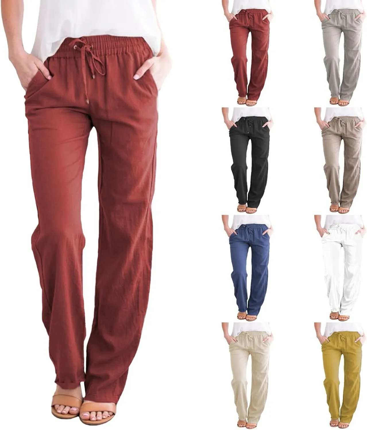 Rvidbe Pants for Women Trendy Women's Drawstring Elastic High Waist Trousers Solid Casual Straight Leg Pants with Pockets