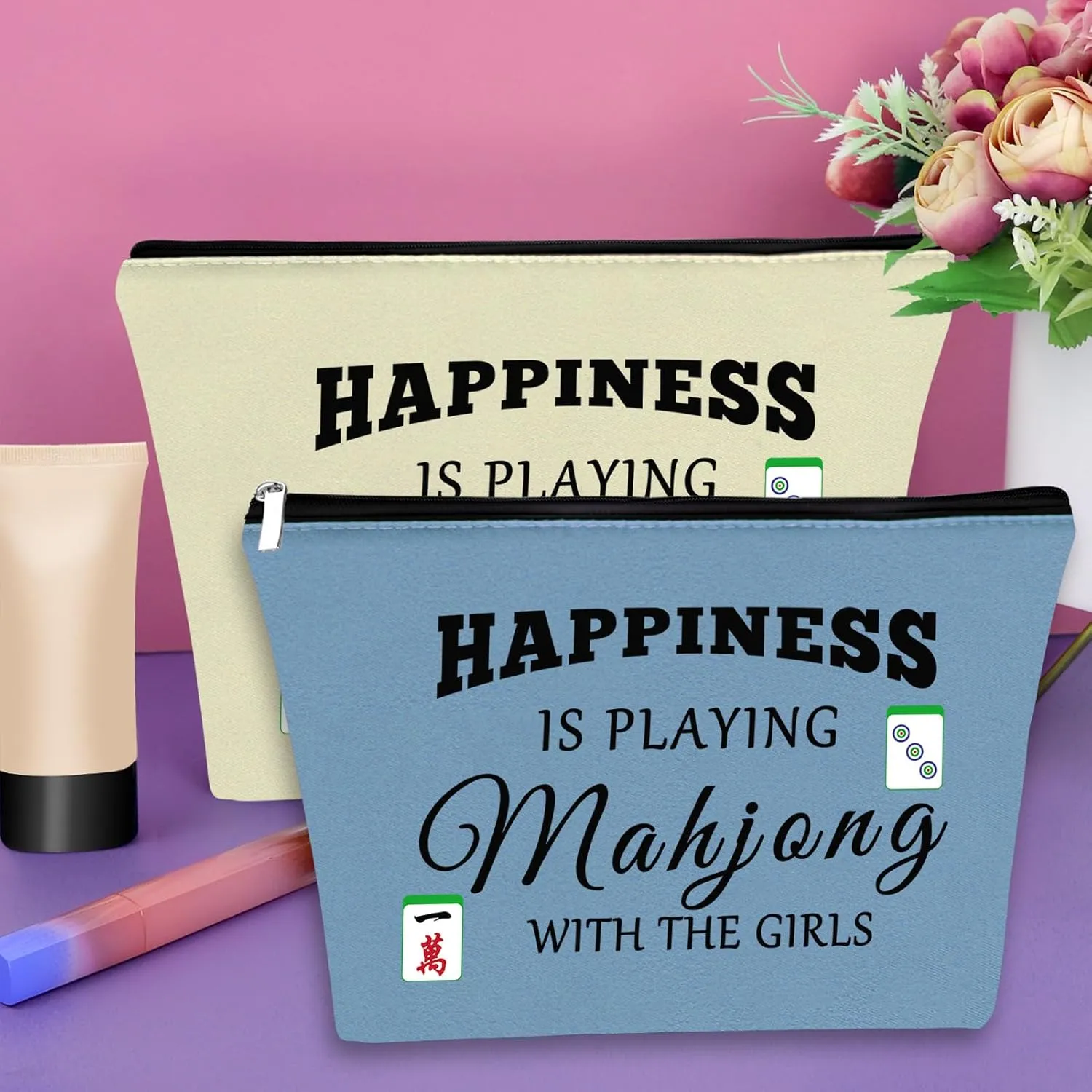 Sazuwu 2PCS Mahjong Themed Makeup Bag Unique Cosmetic Gifts for Mahjong Players Friends Birthday Christmas Travel Pouch