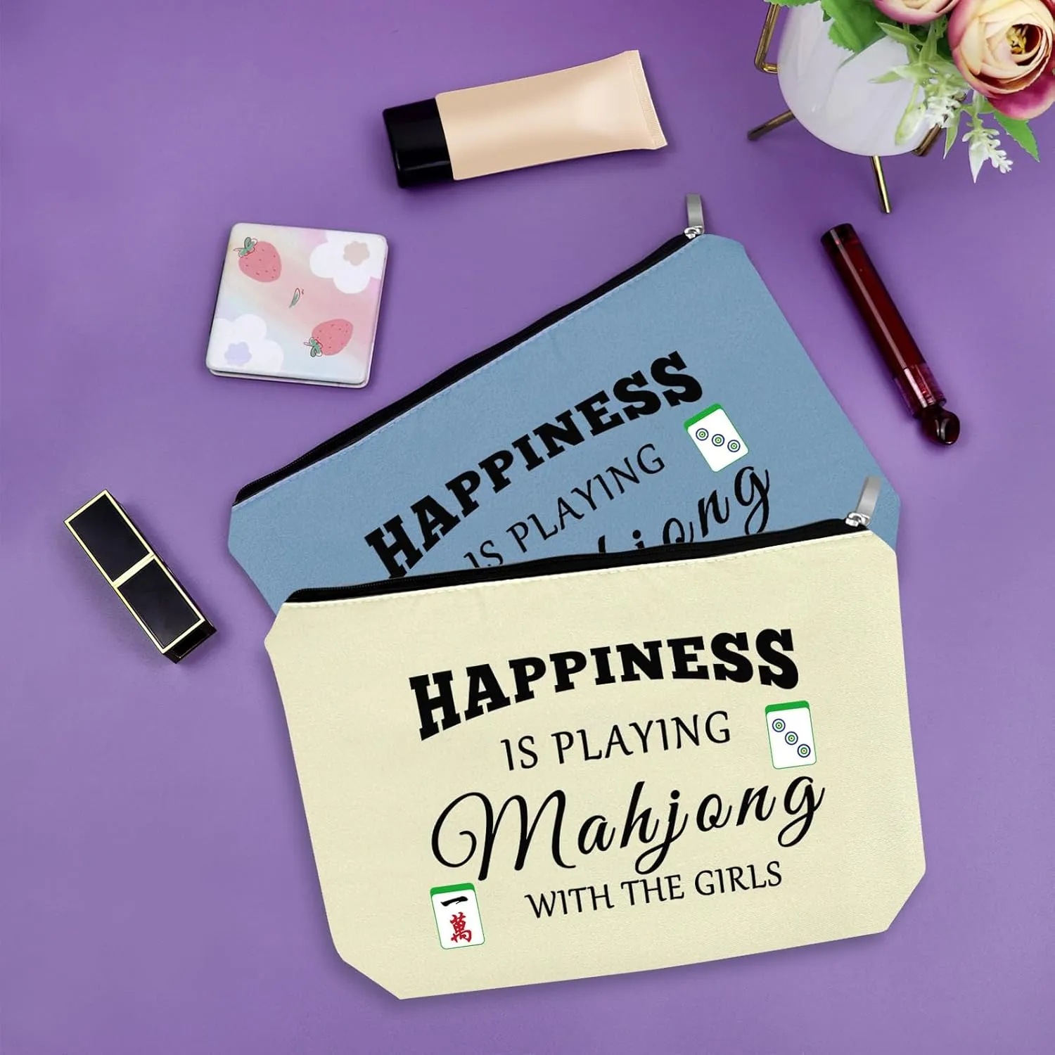 Sazuwu 2PCS Mahjong Themed Makeup Bag Unique Cosmetic Gifts for Mahjong Players Friends Birthday Christmas Travel Pouch