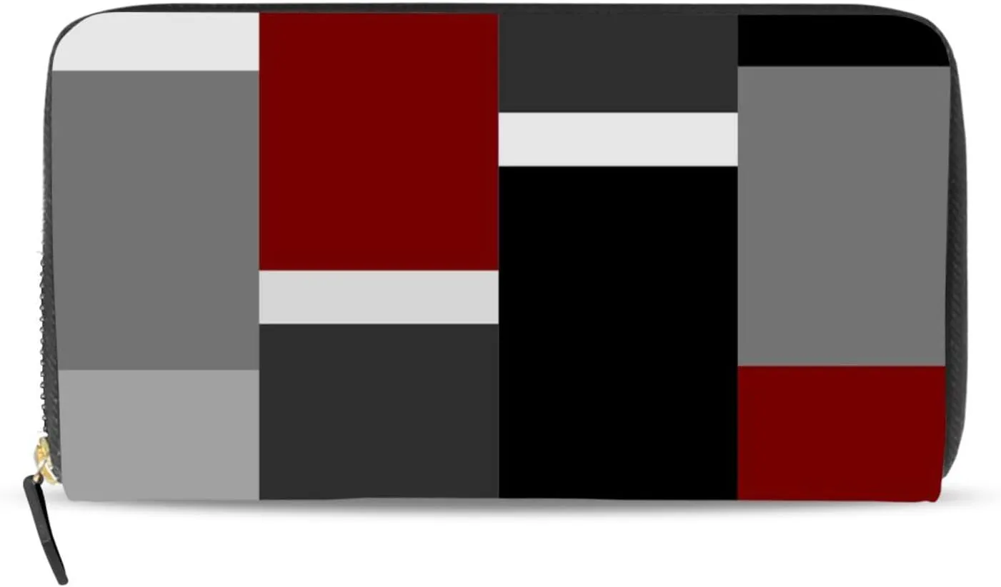 Seamless Red, Grey, Black and White Rectangles Modern Style Leather Long Wallet Organizer with Zipper Purse Clutch Bag for Women Men Key Card Coin Passport Checkbook 8 x 4 inch