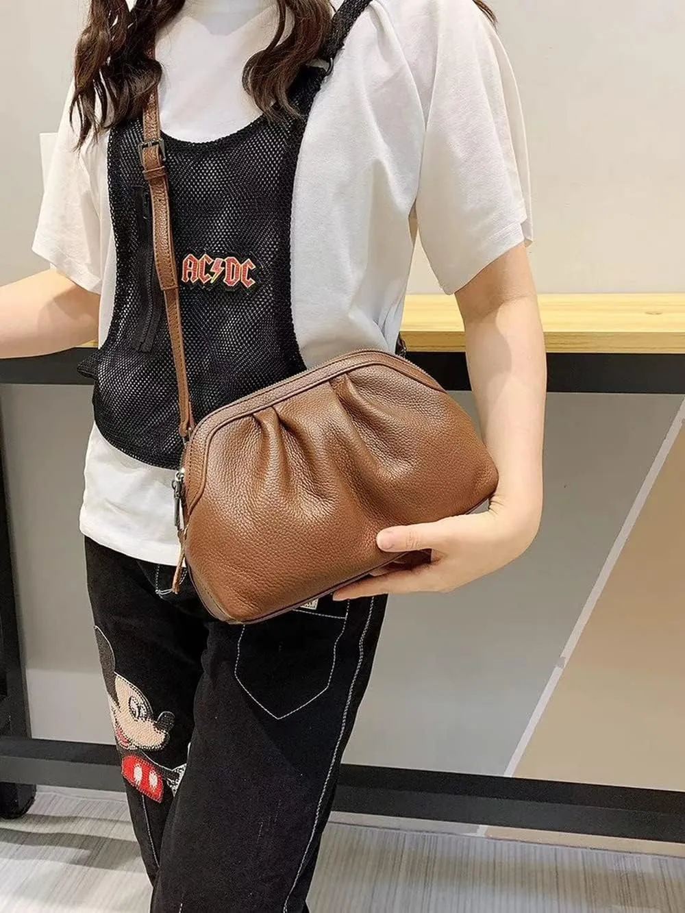 Shell Bag Genuine Leather Women's Unique Shoulder Bags Hobo Handbags Multi-Color Cloud Handbag (Yellow) (Color : Black)