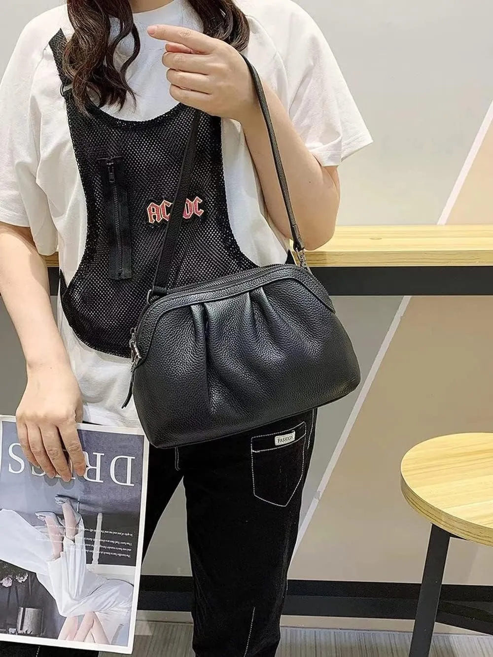 Shell Bag Genuine Leather Women's Unique Shoulder Bags Hobo Handbags Multi-Color Cloud Handbag (Yellow) (Color : Black)
