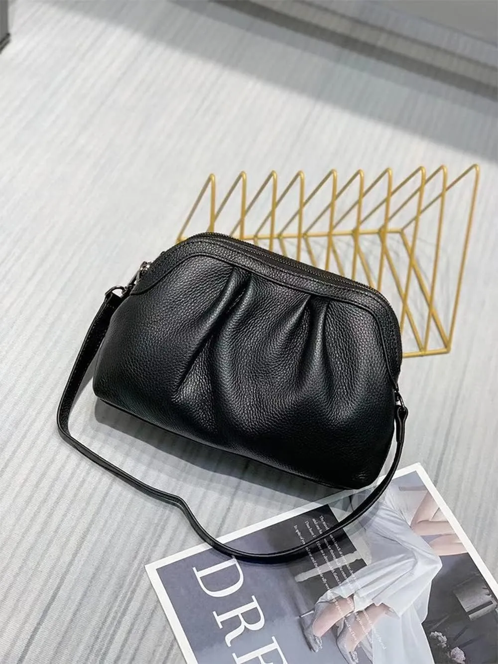 Shell Bag Genuine Leather Women's Unique Shoulder Bags Hobo Handbags Multi-Color Cloud Handbag (Yellow) (Color : Black)