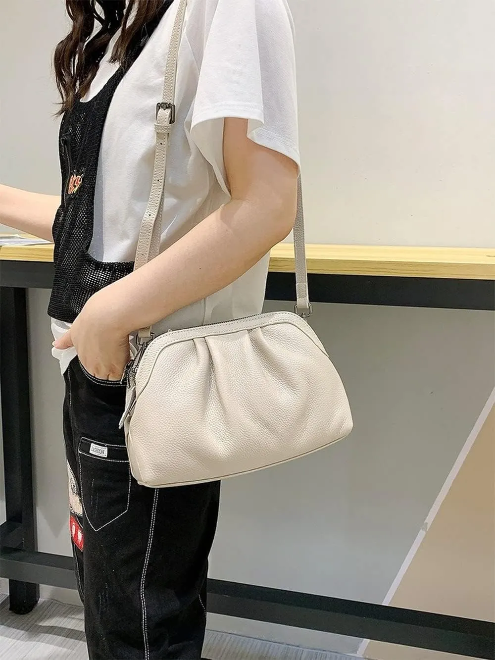 Shell Bag Genuine Leather Women's Unique Shoulder Bags Hobo Handbags Multi-Color Cloud Handbag (Yellow) (Color : Black)