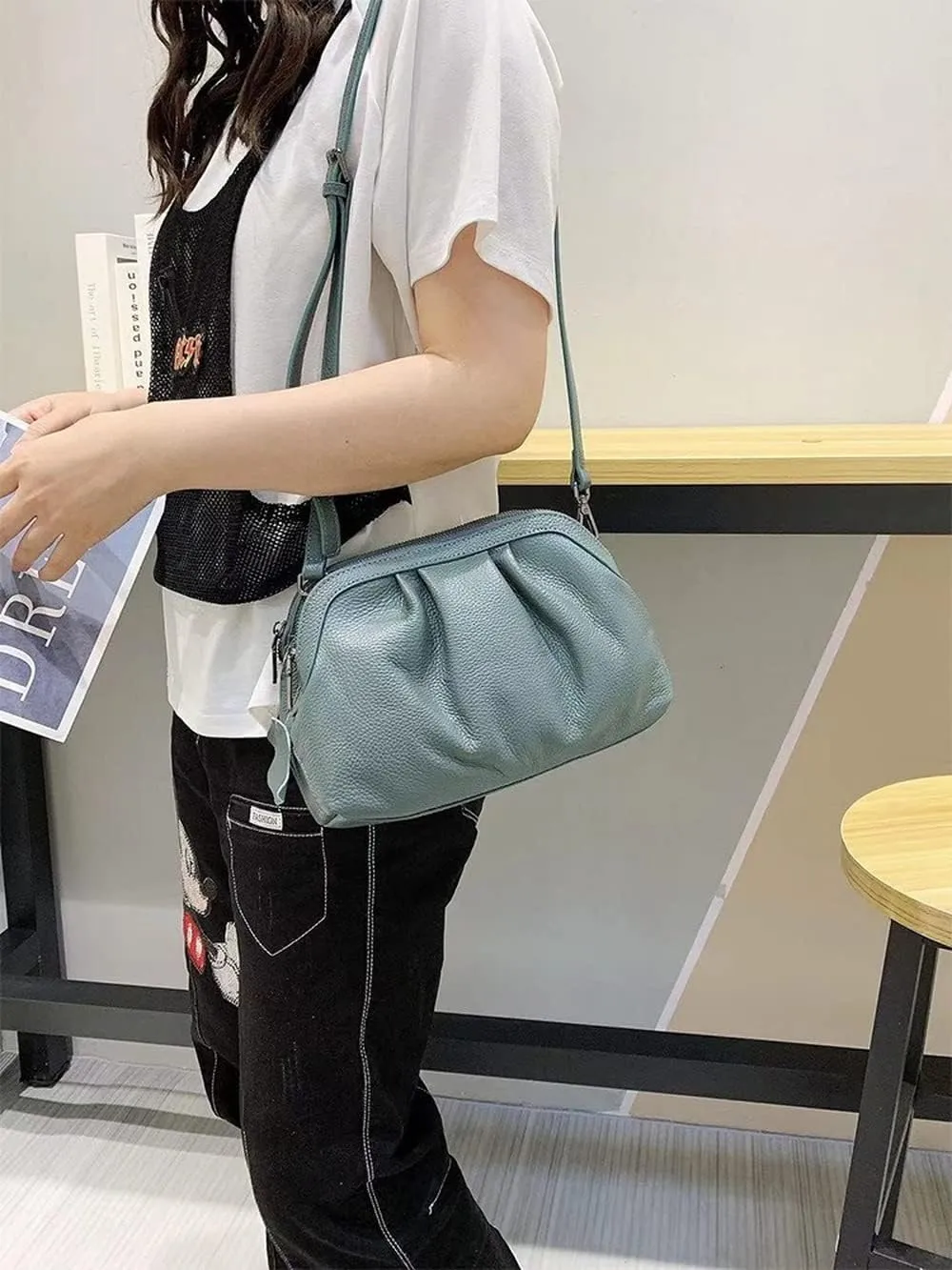Shell Bag Genuine Leather Women's Unique Shoulder Bags Hobo Handbags Multi-Color Cloud Handbag (Yellow) (Color : Black)