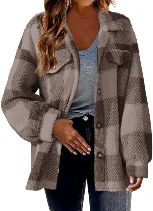 Sherpa Jacket for Women Fuzzy Fleece Winter Coats Plaid Button Down Shacket Casual Warm Teddy Coat Outwear