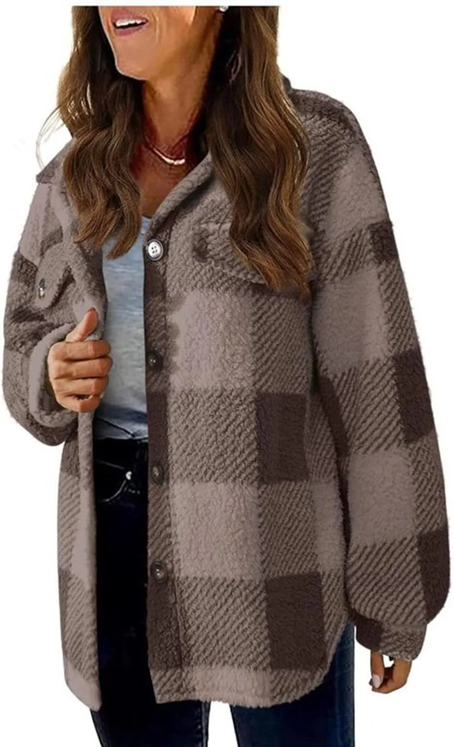 Sherpa Jacket for Women Fuzzy Fleece Winter Coats Plaid Button Down Shacket Casual Warm Teddy Coat Outwear