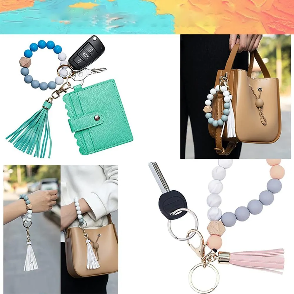 Silicone Key Ring Bracelet Wristlet Keychain Unique Beaded Bangle Key Chains for Women with Leather Tassel