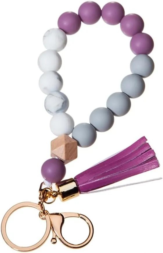 Silicone Key Ring Bracelet Wristlet Keychain Unique Beaded Bangle Key Chains for Women with Leather Tassel